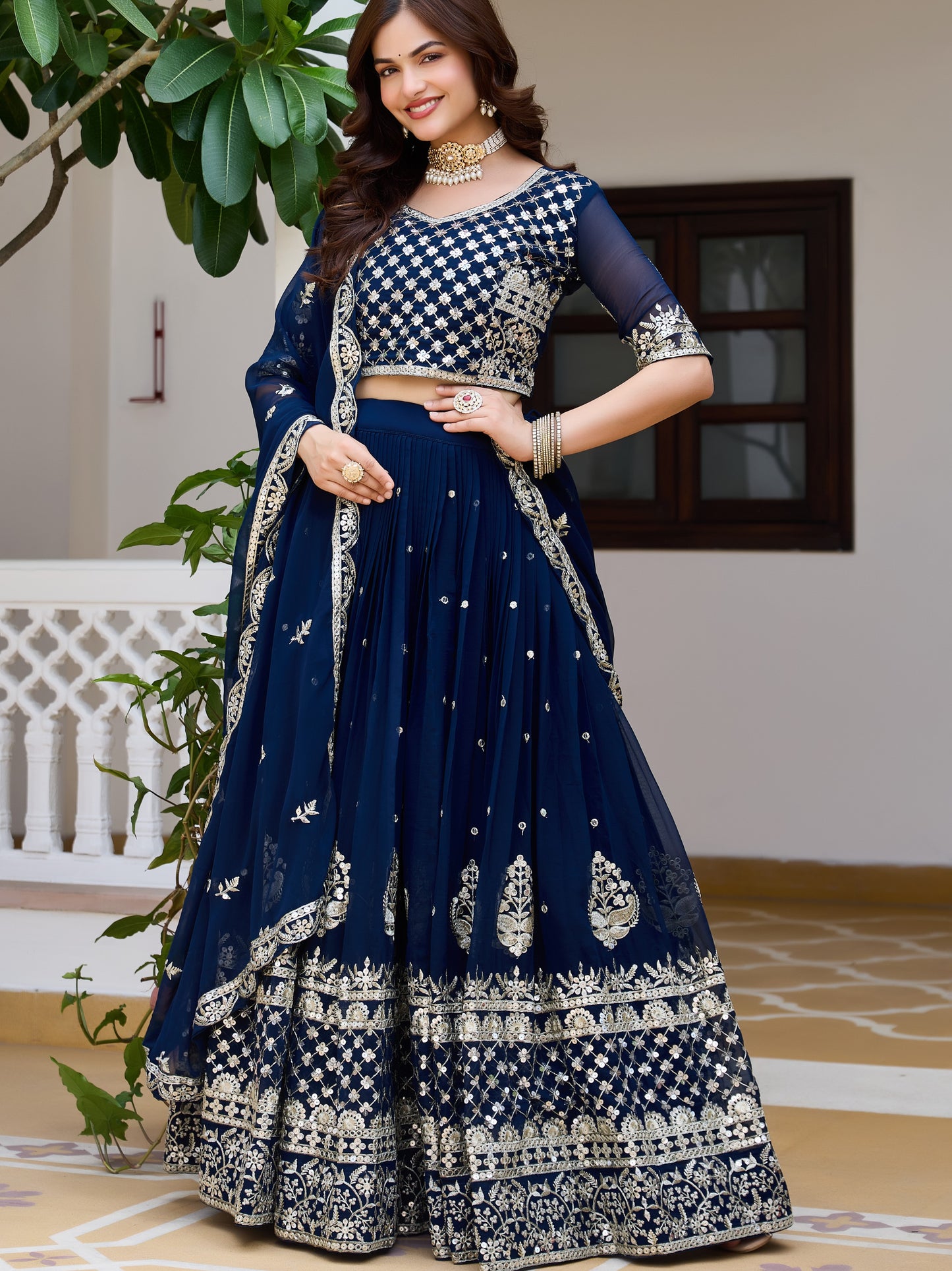 Amazing Blue Sequins Work Georgette Sangeet Lehenga Choli