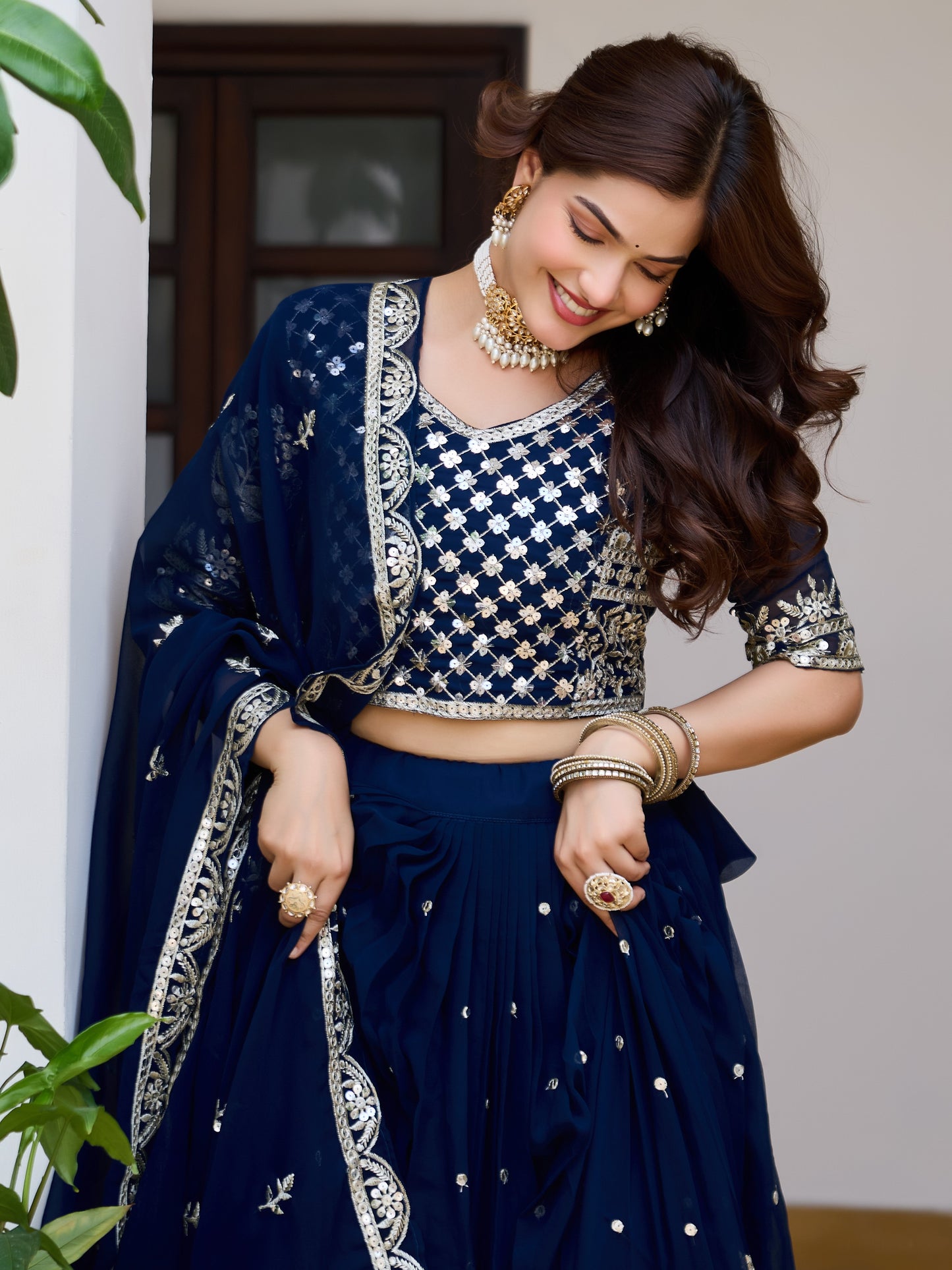 Amazing Blue Sequins Work Georgette Sangeet Lehenga Choli