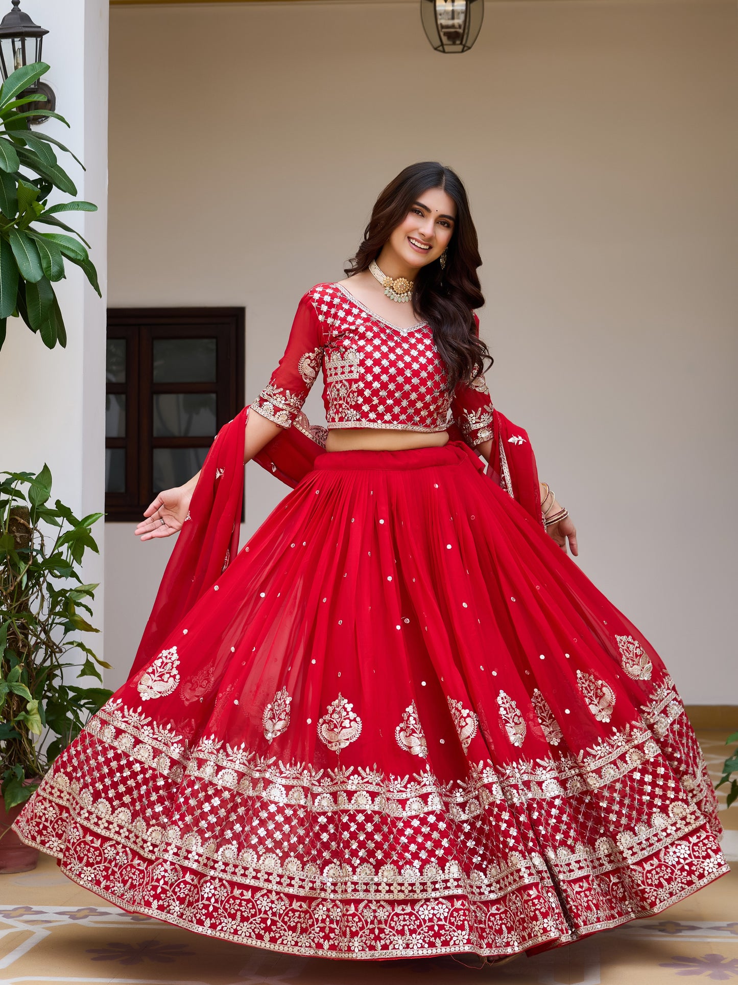 Awesome Red Sequins Work Georgette Wedding Lehenga Choli