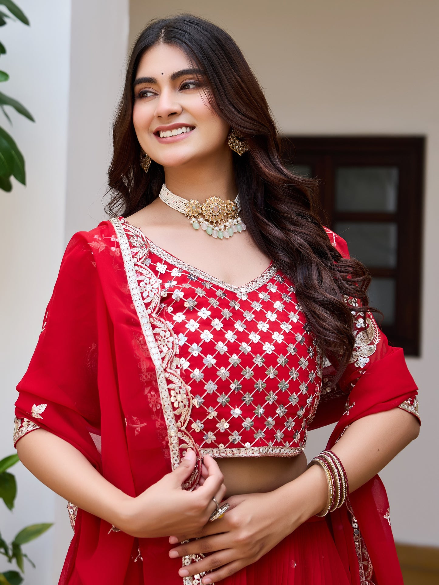 Awesome Red Sequins Work Georgette Wedding Lehenga Choli