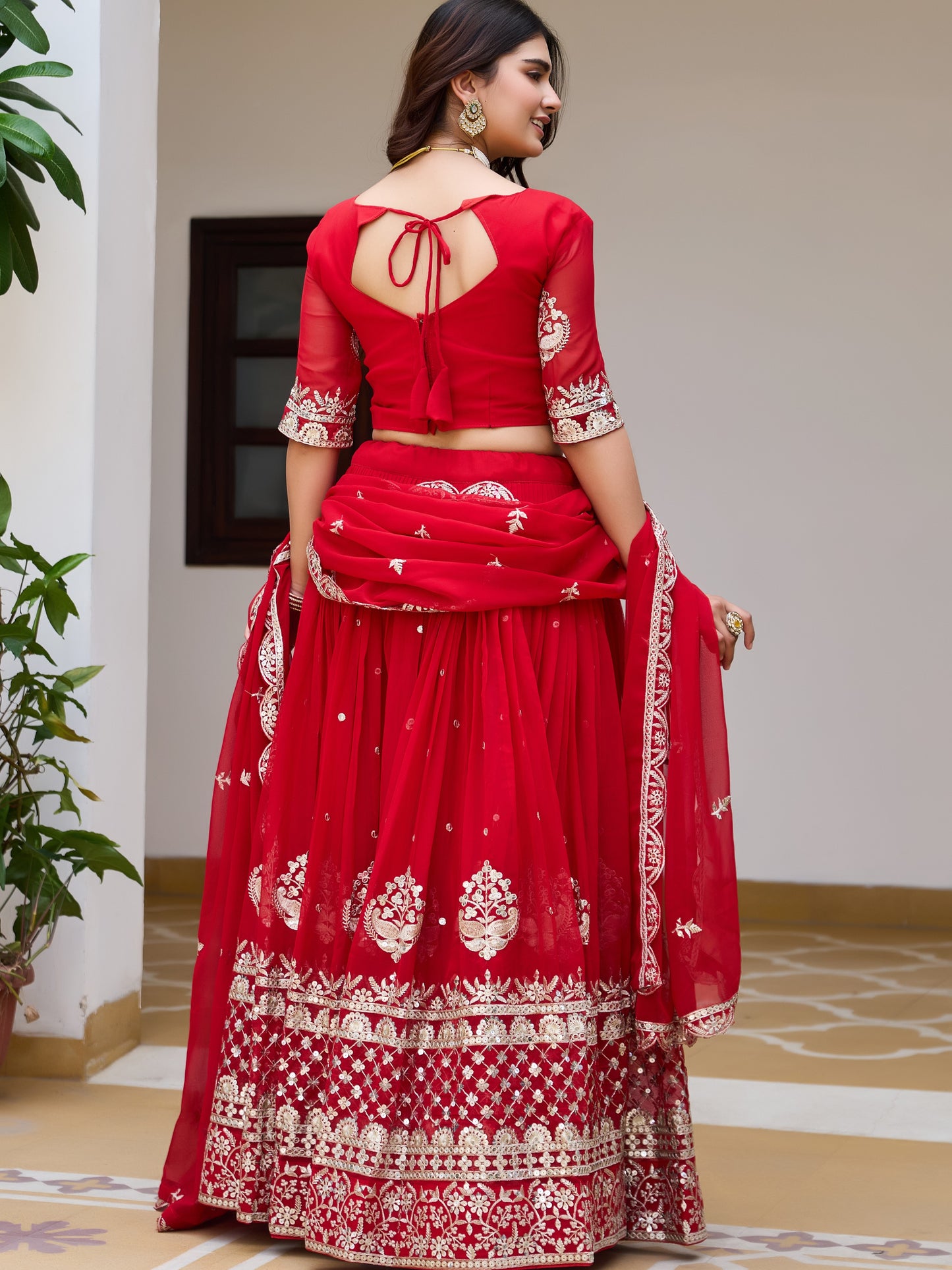 Awesome Red Sequins Work Georgette Wedding Lehenga Choli