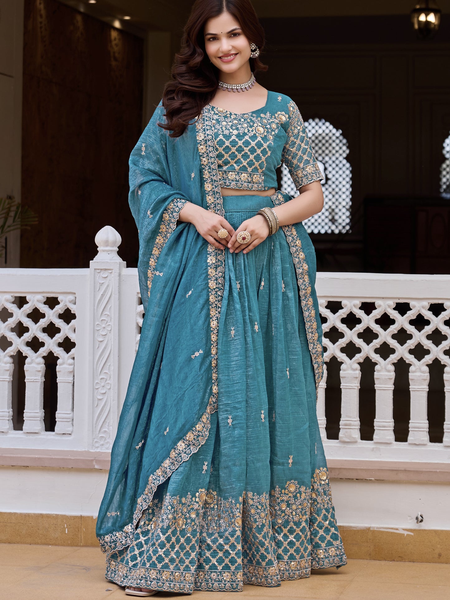 Astonishing Blue Sequins Work Crunchy Reception Lehenga Choli