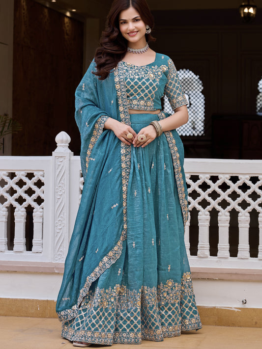 Astonishing Blue Sequins Work Crunchy Reception Lehenga Choli