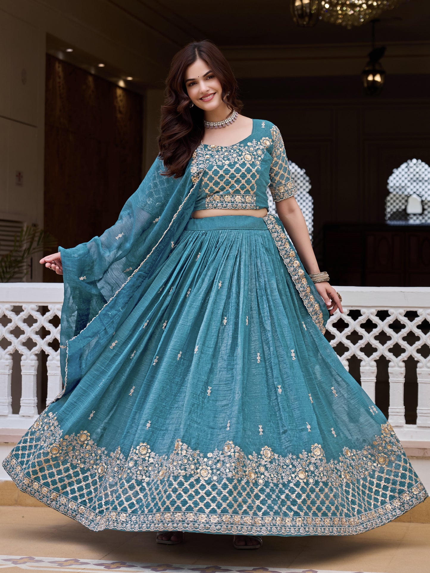 Astonishing Blue Sequins Work Crunchy Reception Lehenga Choli