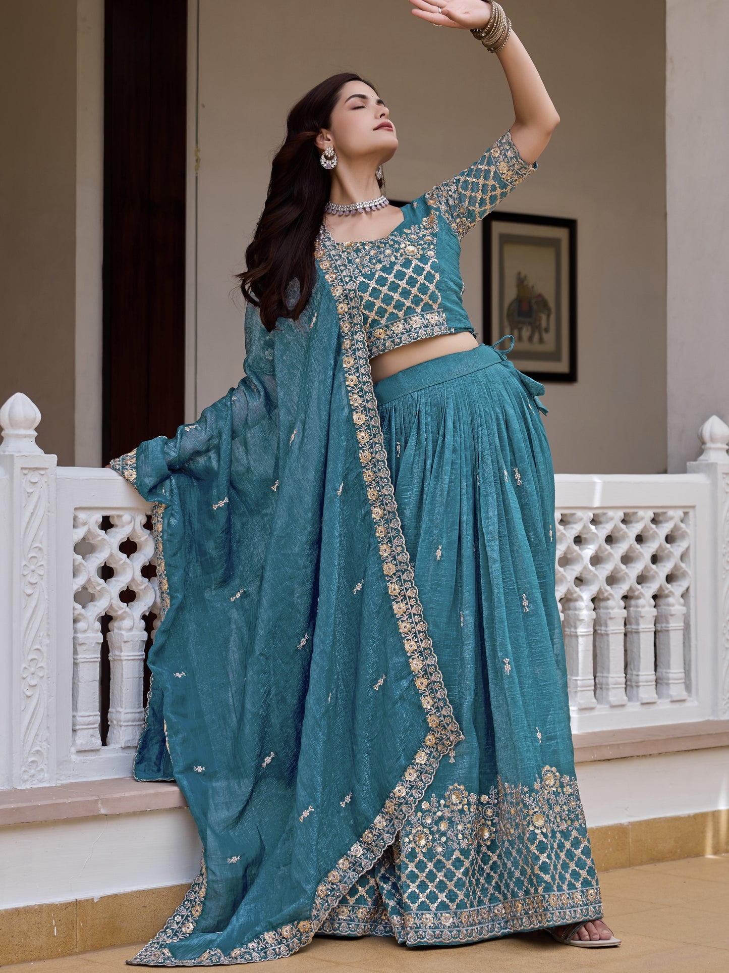 Astonishing Blue Sequins Work Crunchy Reception Lehenga Choli