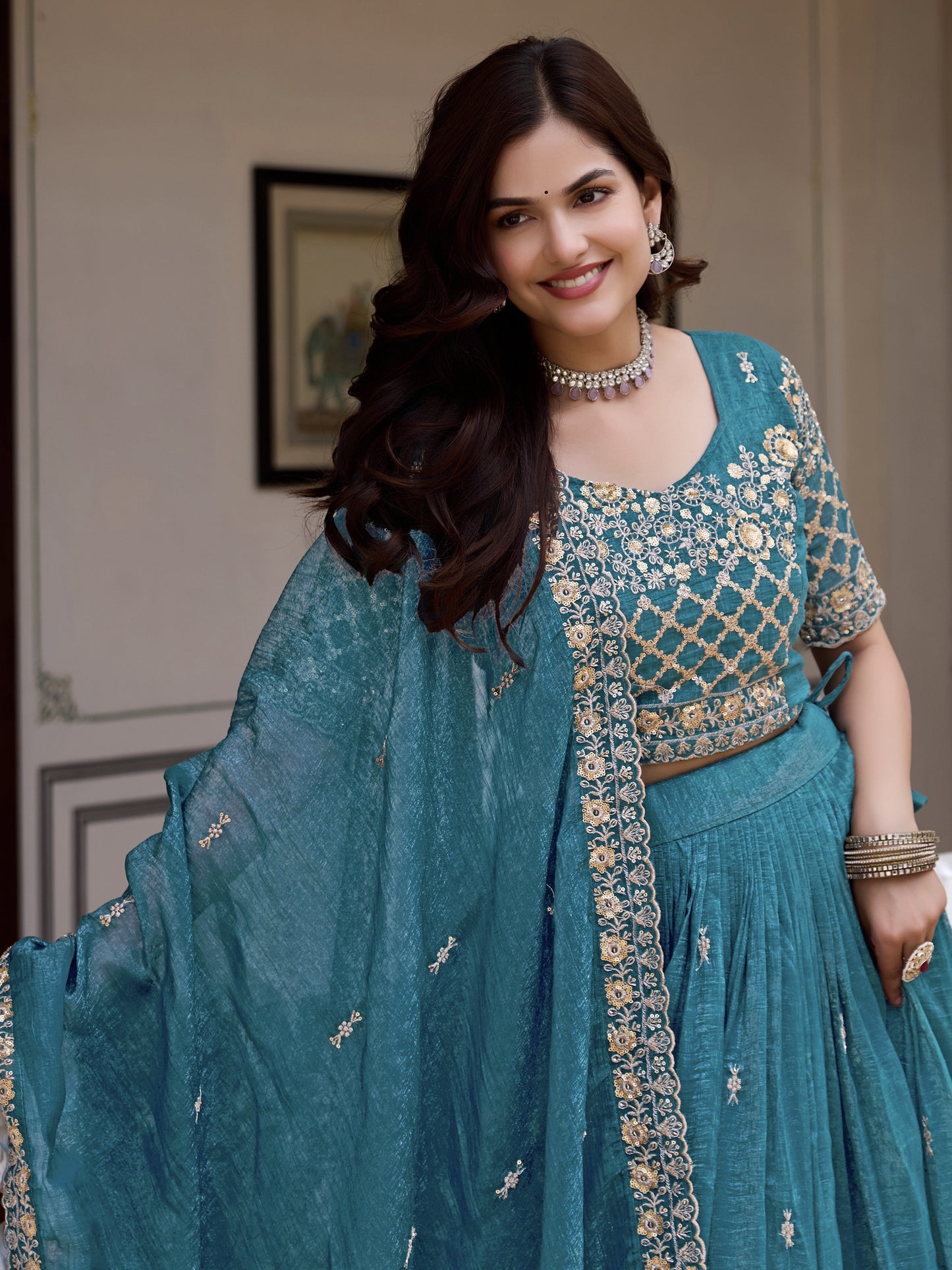 Astonishing Blue Sequins Work Crunchy Reception Lehenga Choli