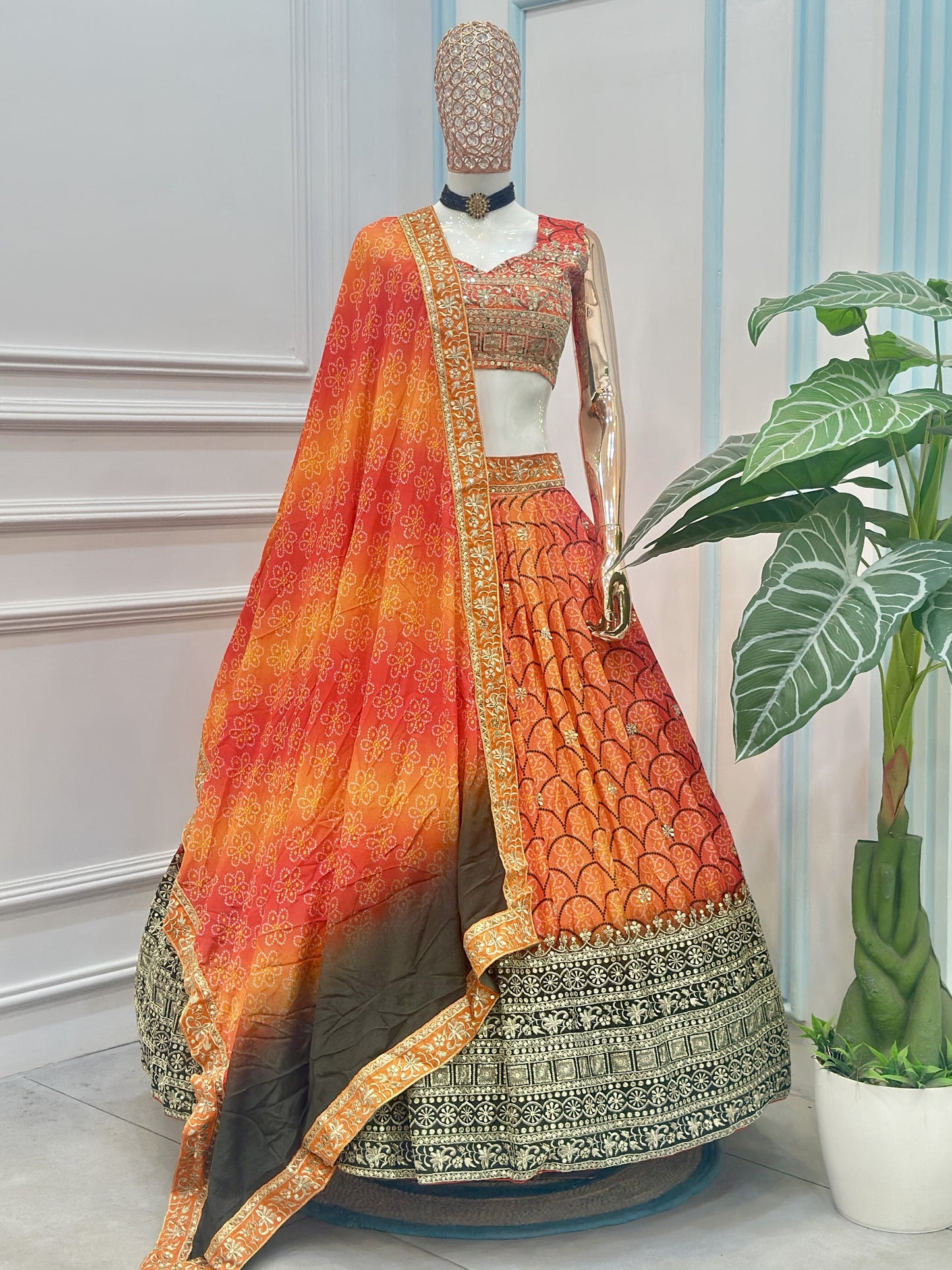 Glamorous Multi Color Bandhani Printed Chinon Silk Lehenga Choli