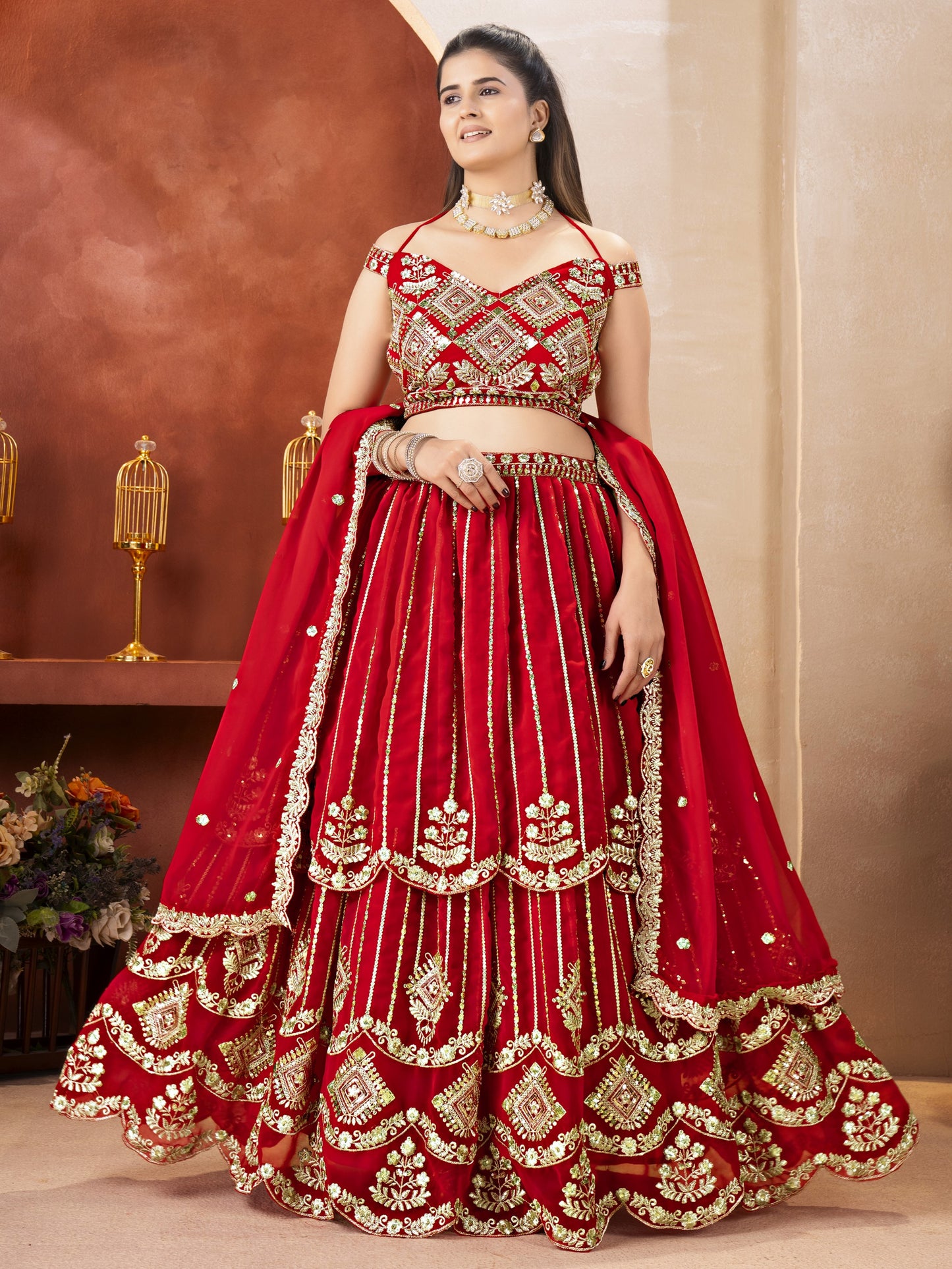 Precious Red Embroidered Georgette Bridal Lehenga Choli