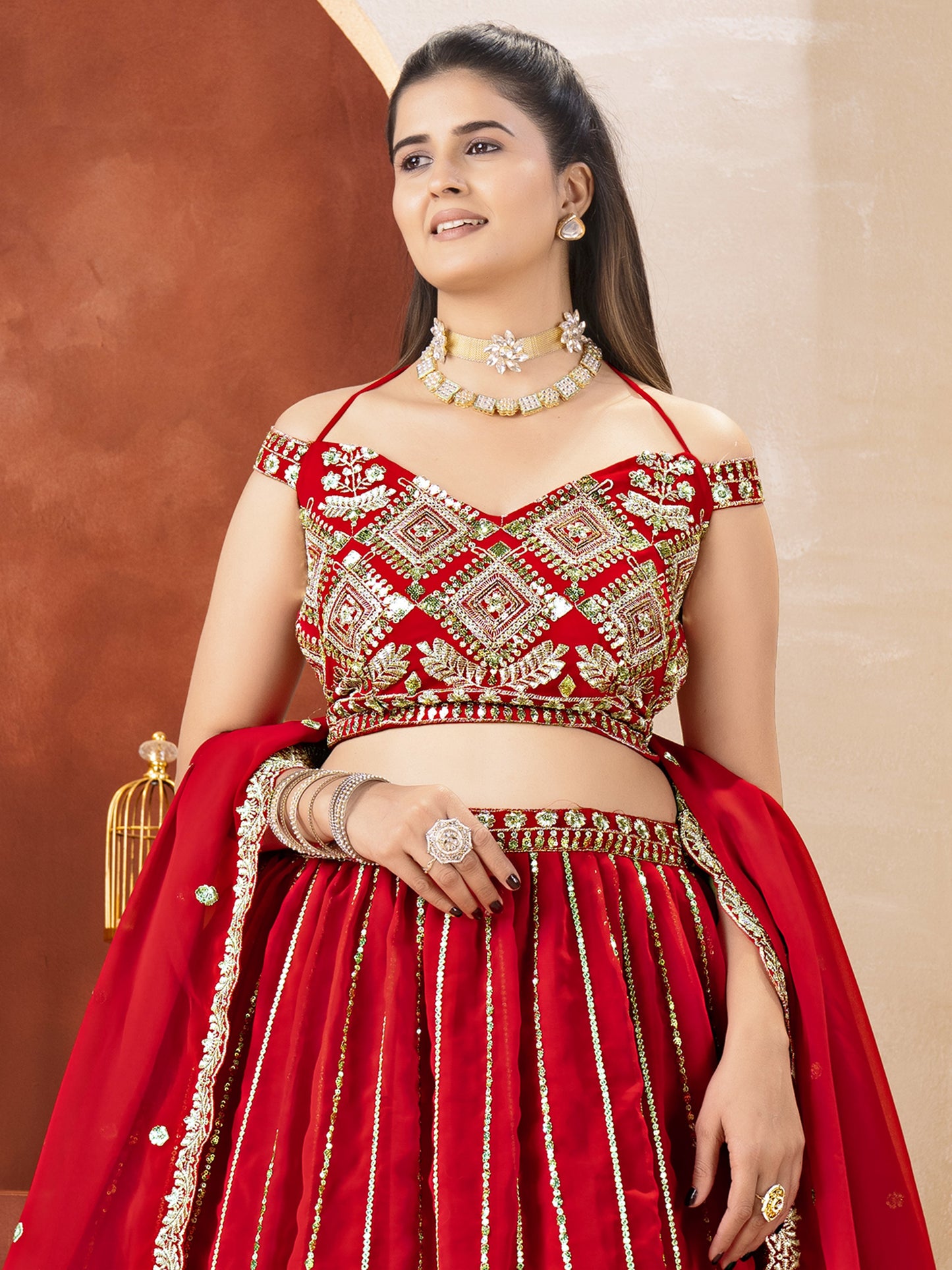 Precious Red Embroidered Georgette Bridal Lehenga Choli