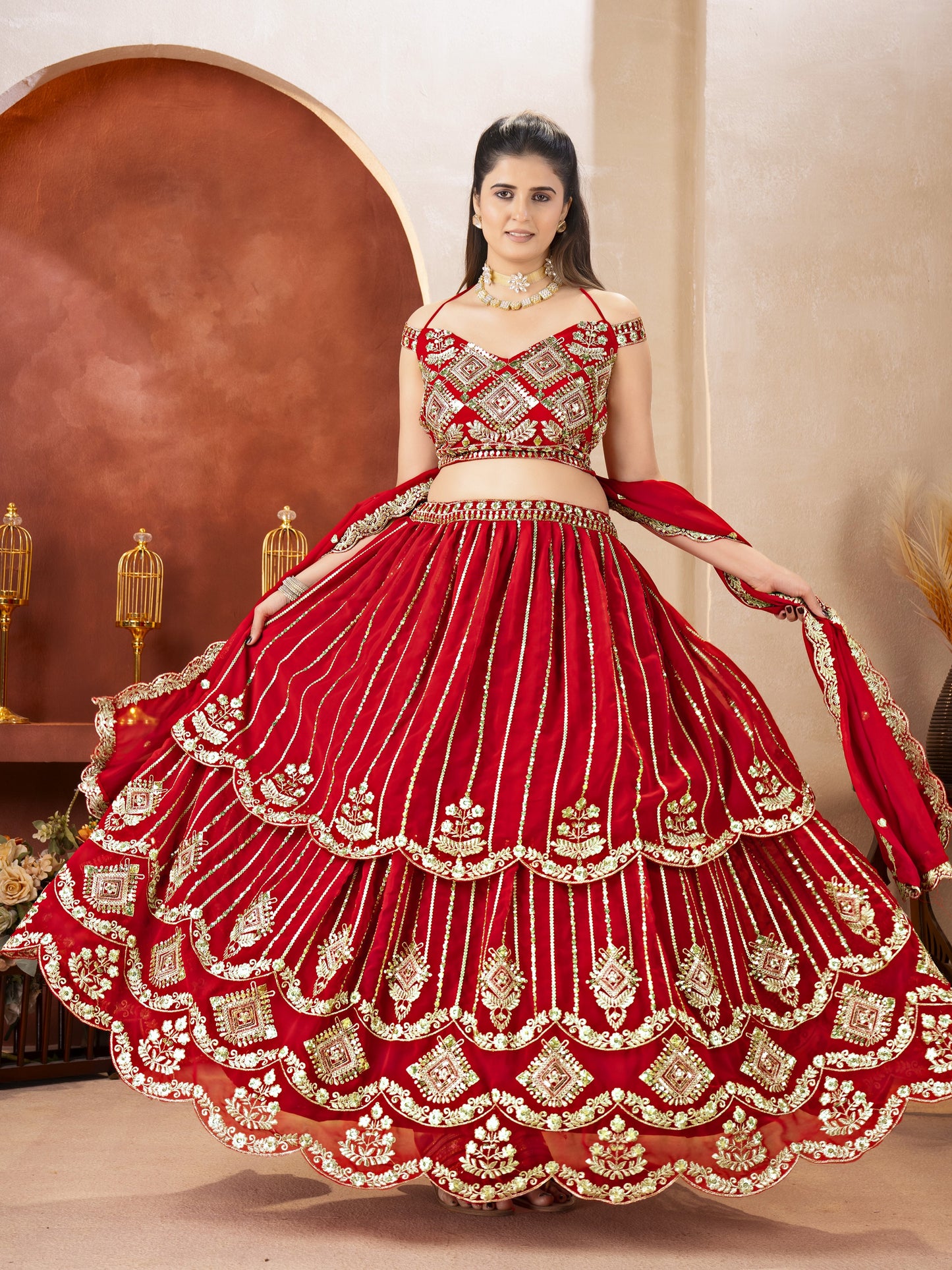Precious Red Embroidered Georgette Bridal Lehenga Choli