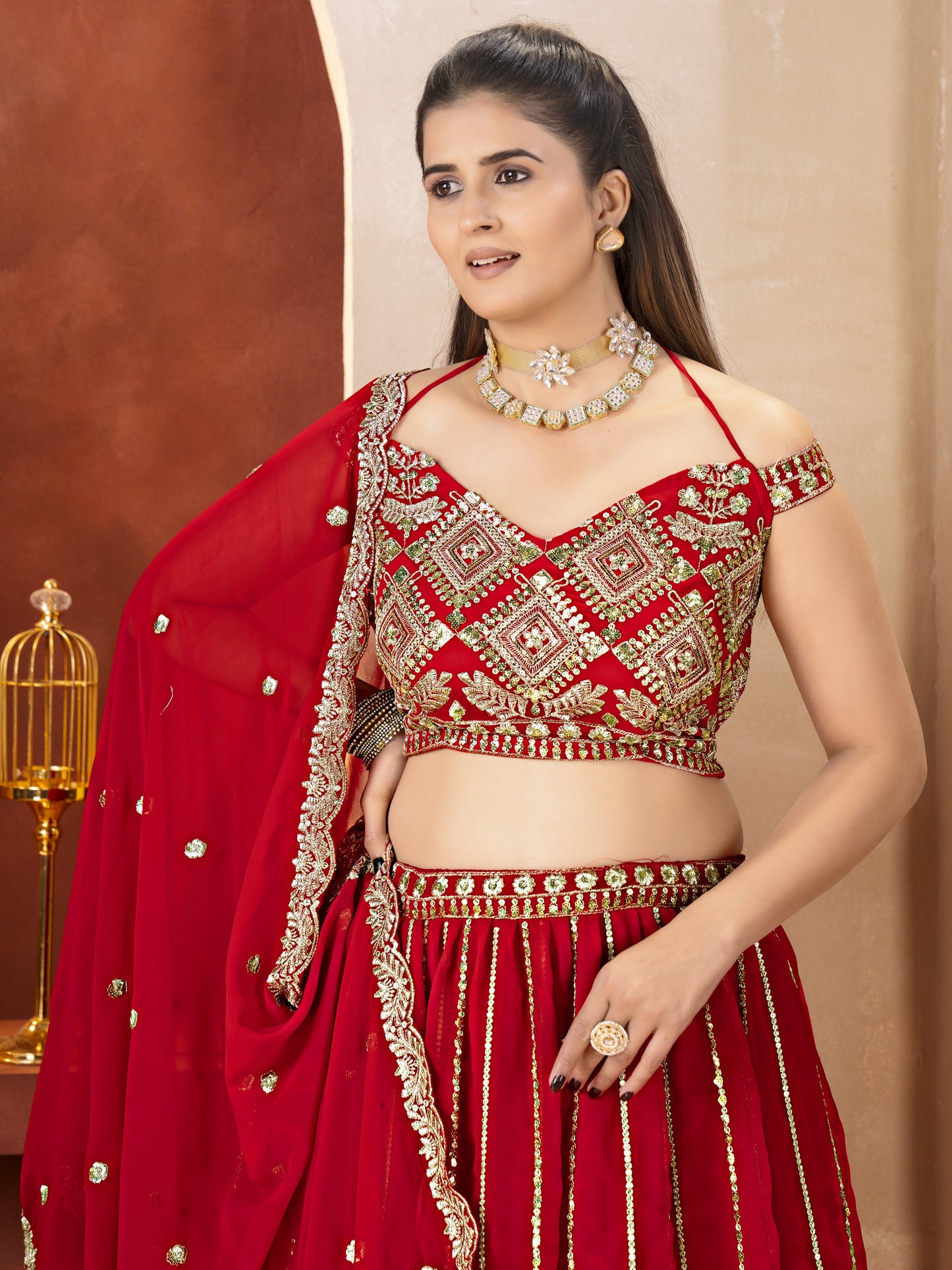 Precious Red Embroidered Georgette Bridal Lehenga Choli