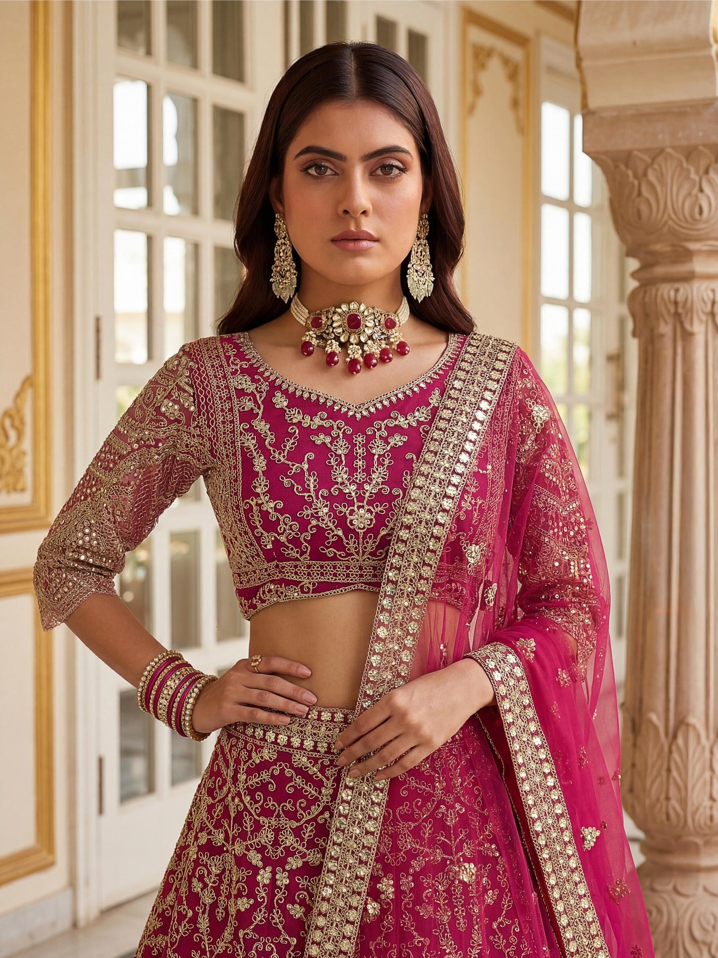 Attractive Pink Heavy Embroidered Net Wedding Lehenga Choli