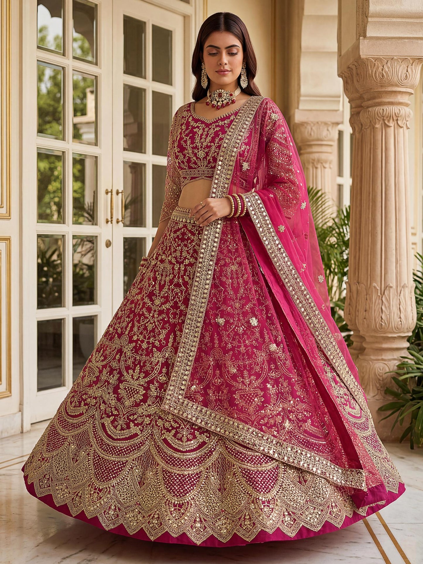 Attractive Pink Heavy Embroidered Net Wedding Lehenga Choli