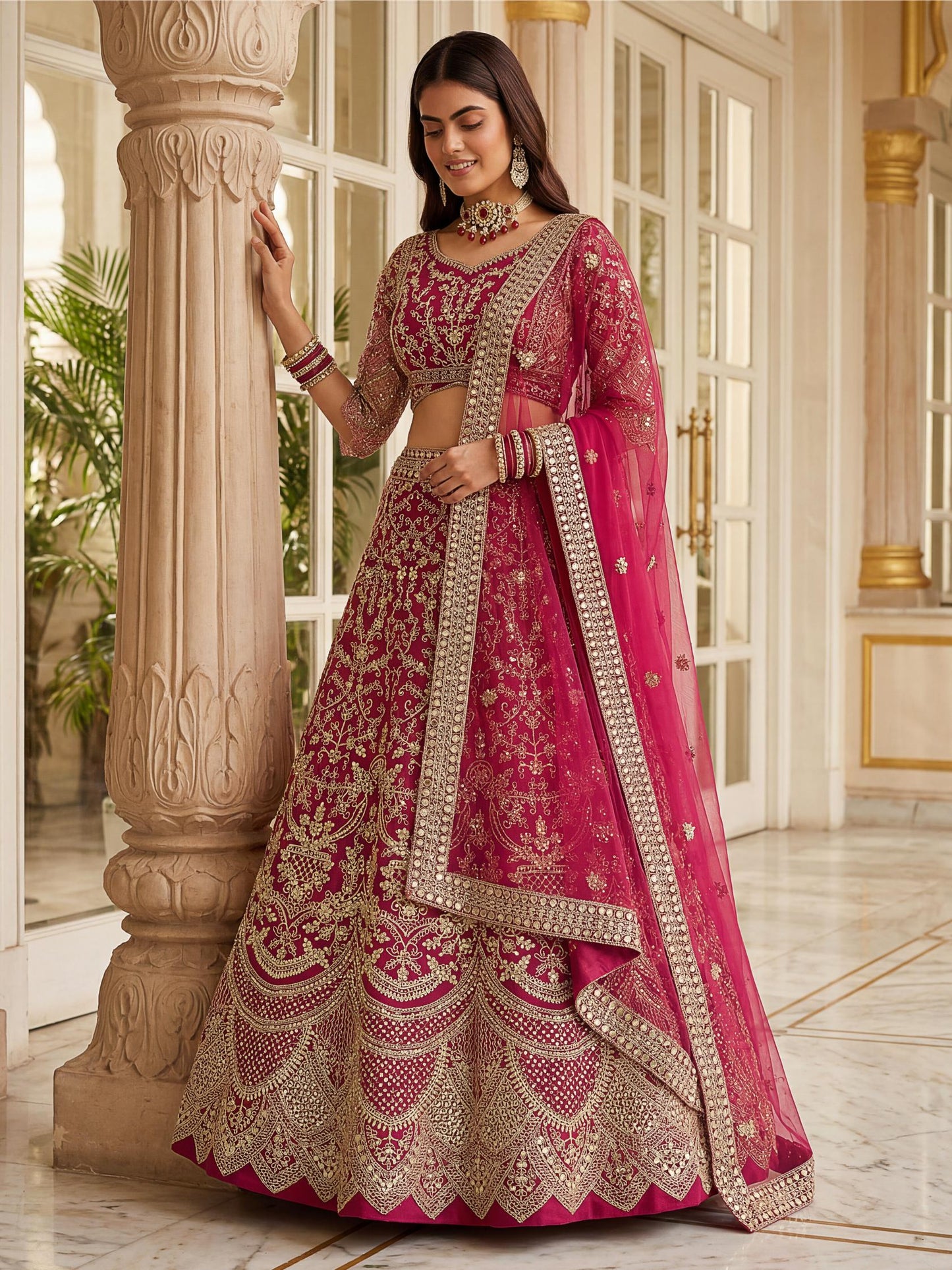 Attractive Pink Heavy Embroidered Net Wedding Lehenga Choli