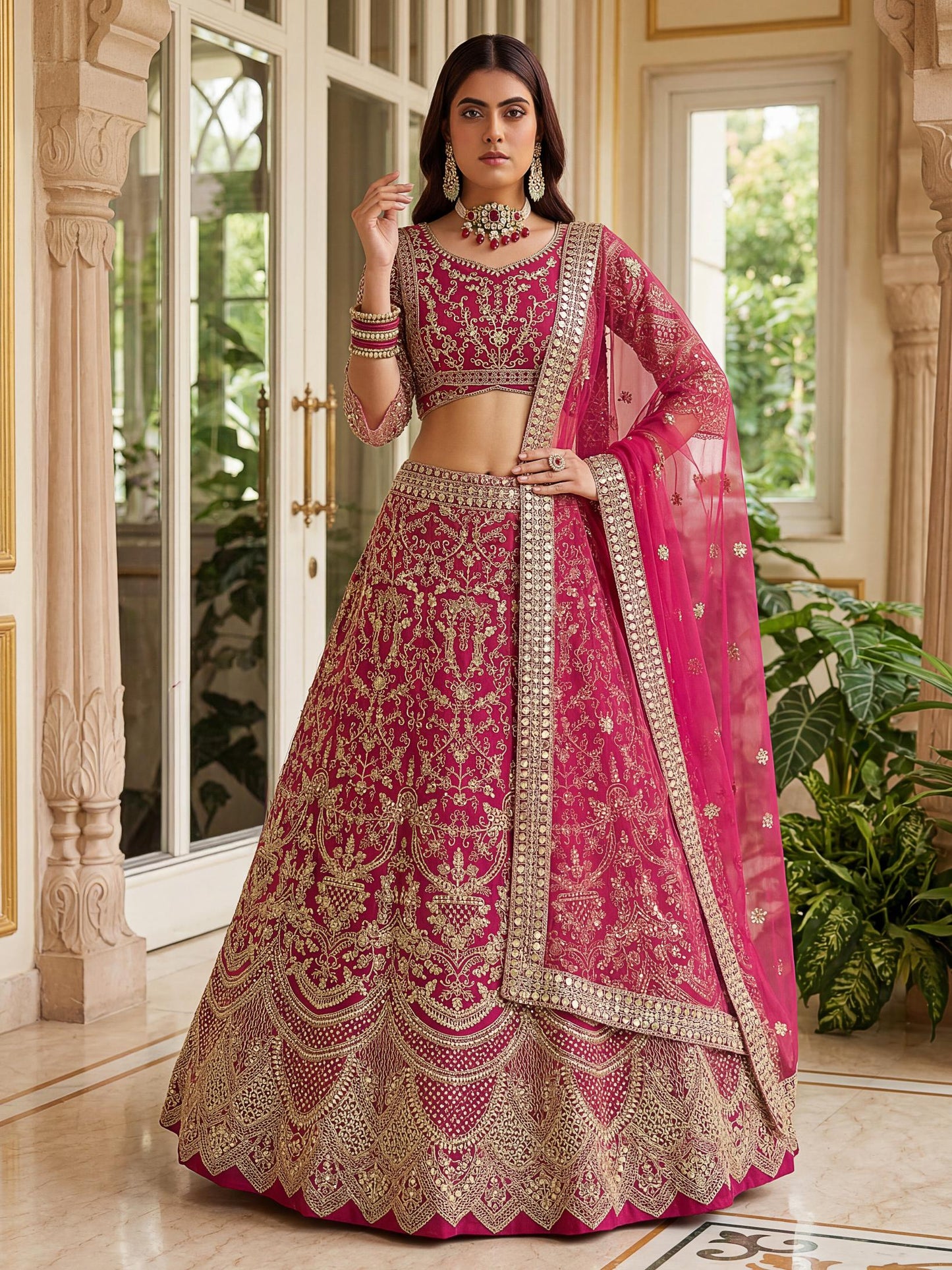 Attractive Pink Heavy Embroidered Net Wedding Lehenga Choli