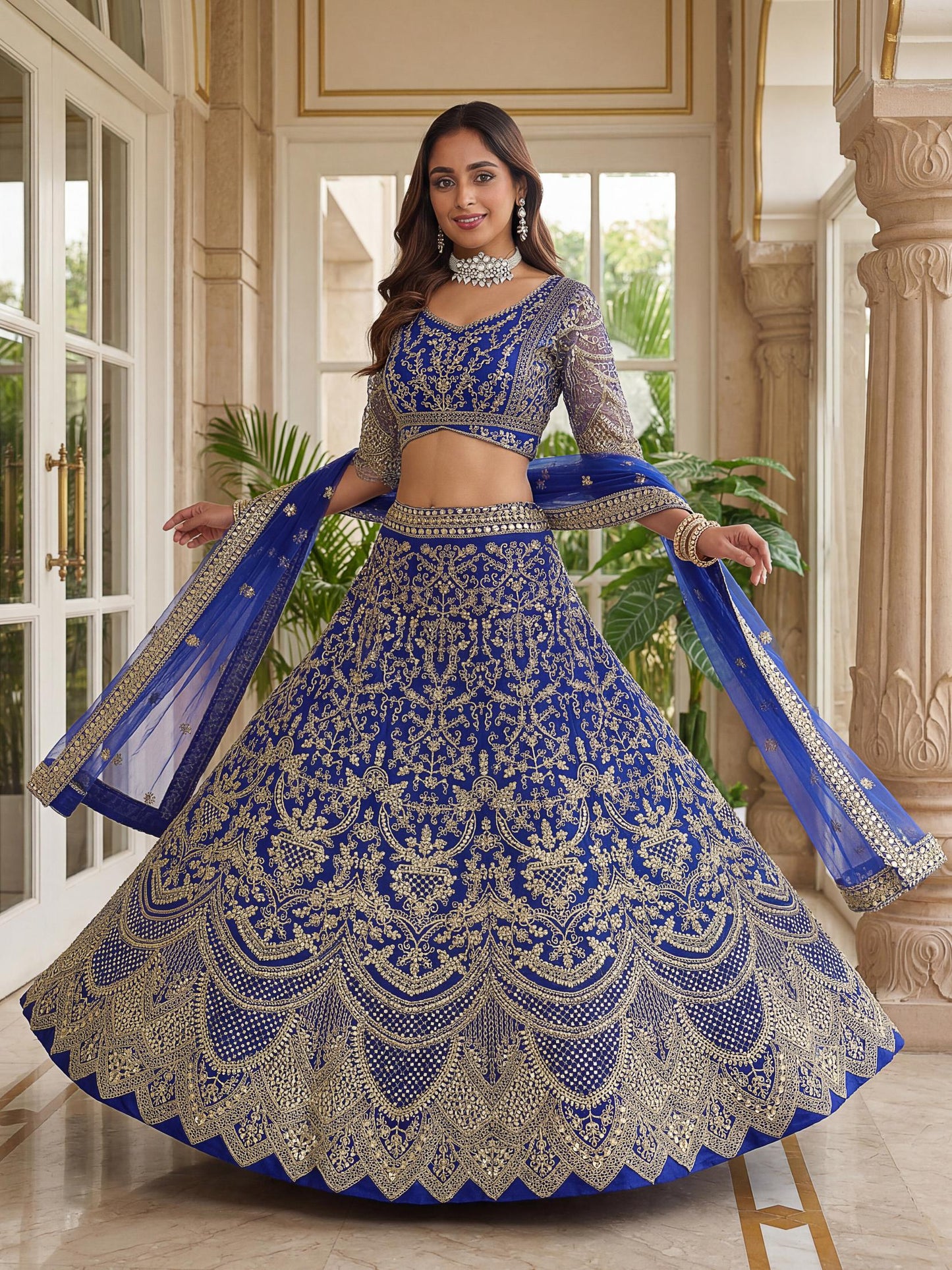 Wonderful Blue Heavy Embroidered Net Bridesmaid Lehenga Choli
