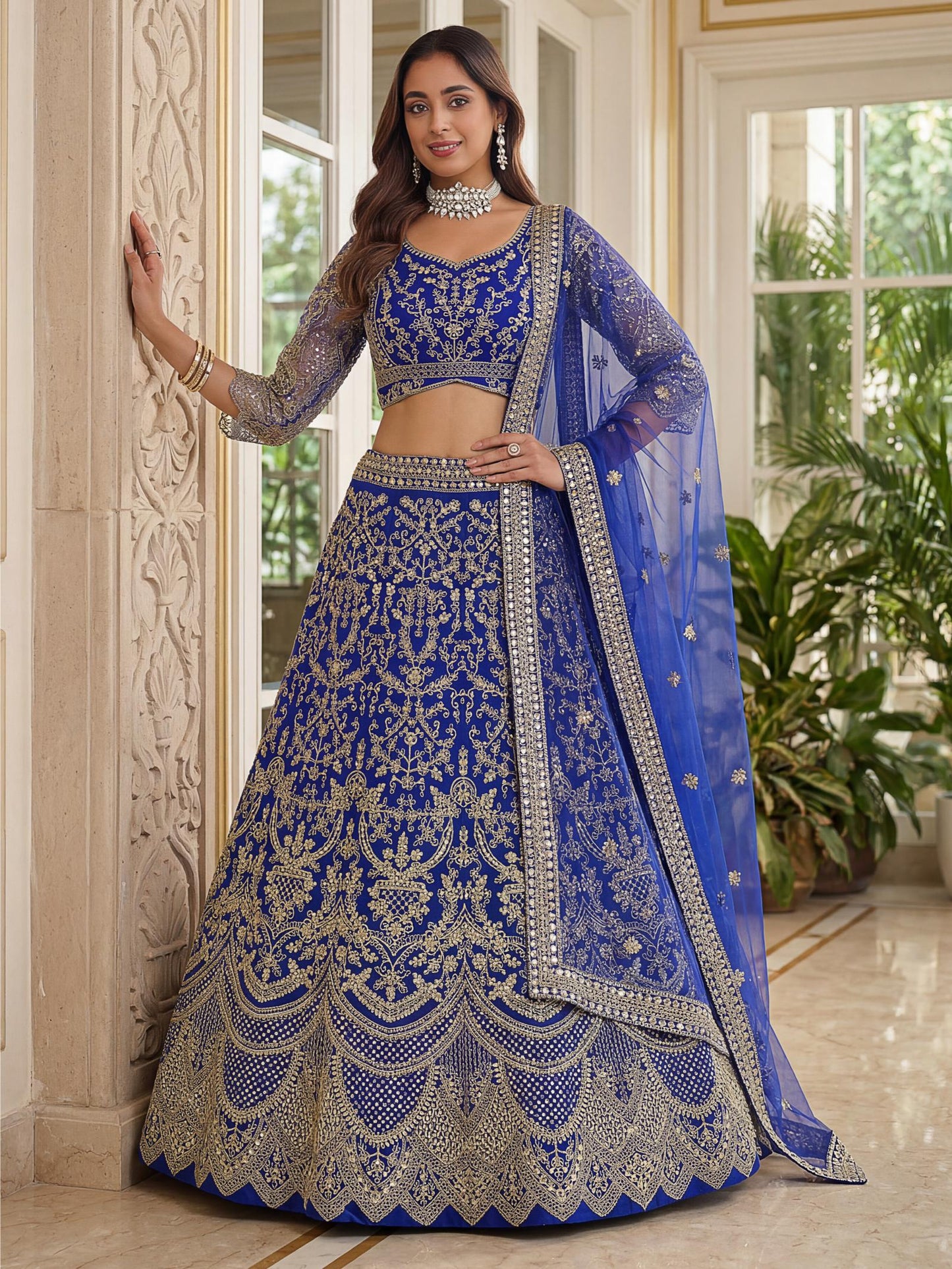 Wonderful Blue Heavy Embroidered Net Bridesmaid Lehenga Choli