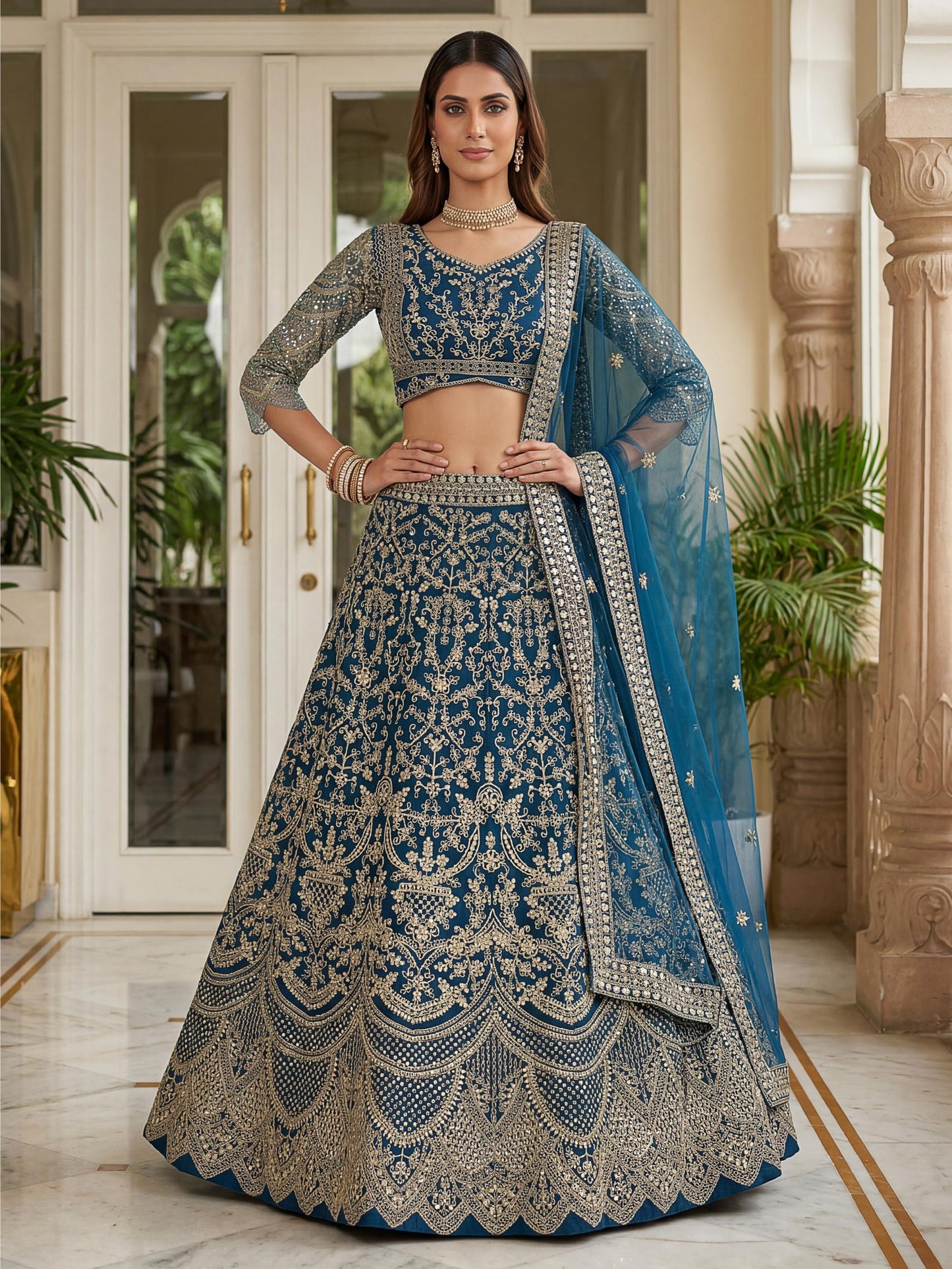 Spectacular Teal Blue Heavy Embroidered Net Reception Lehenga Choli