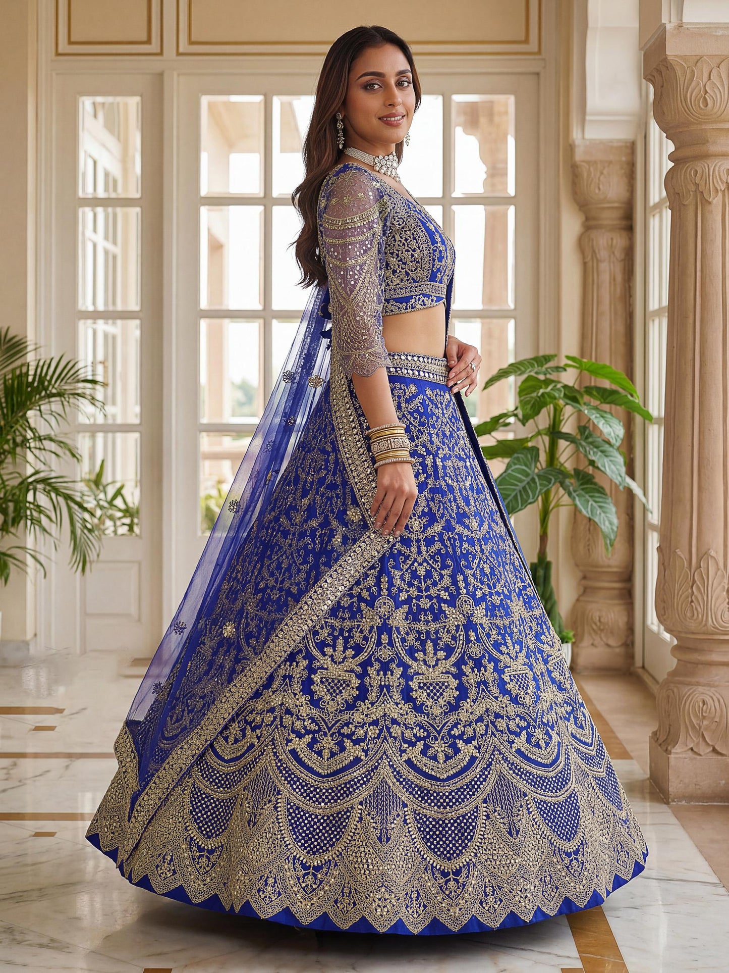 Wonderful Blue Heavy Embroidered Net Bridesmaid Lehenga Choli