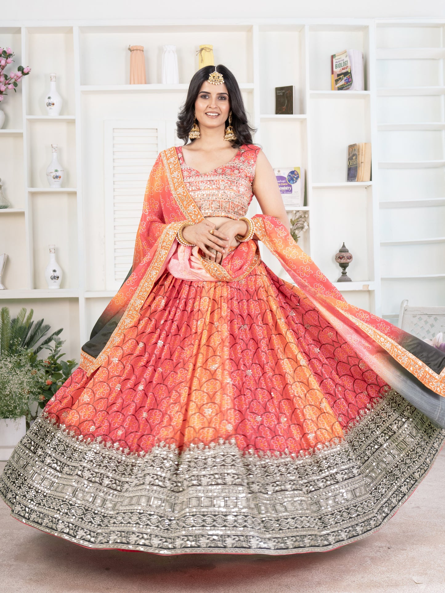 Glamorous Multi Color Bandhani Printed Chinon Silk Lehenga Choli