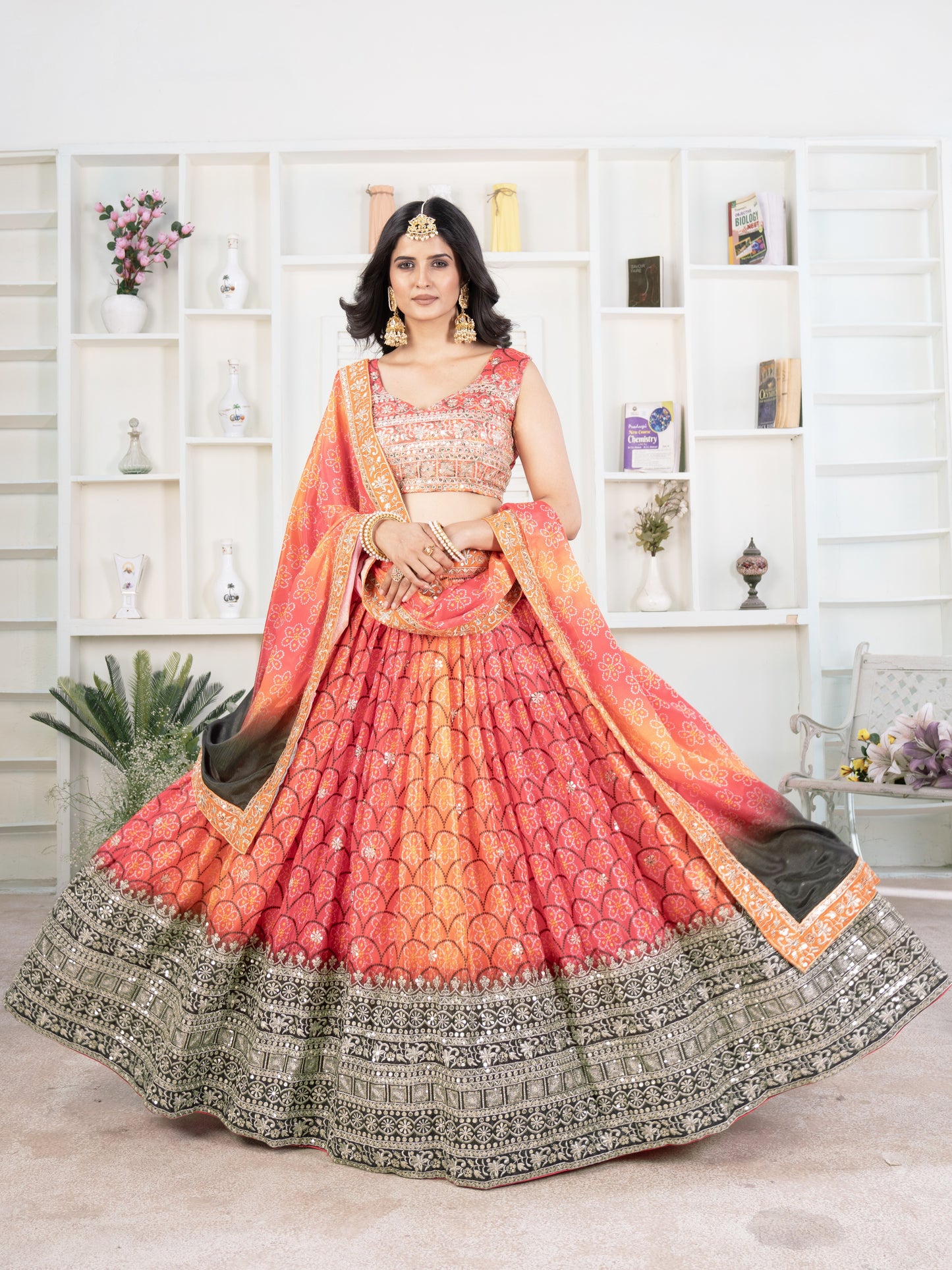 Glamorous Multi Color Bandhani Printed Chinon Silk Lehenga Choli