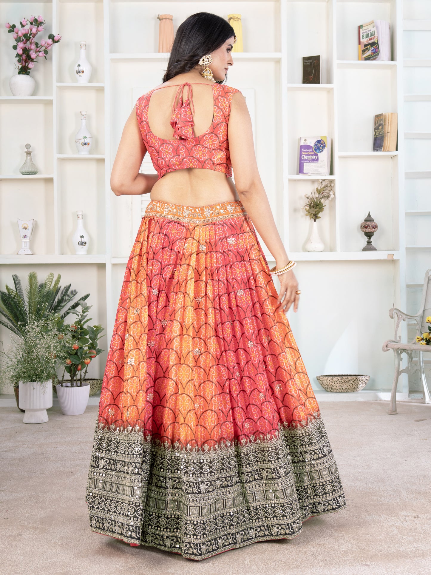Glamorous Multi Color Bandhani Printed Chinon Silk Lehenga Choli
