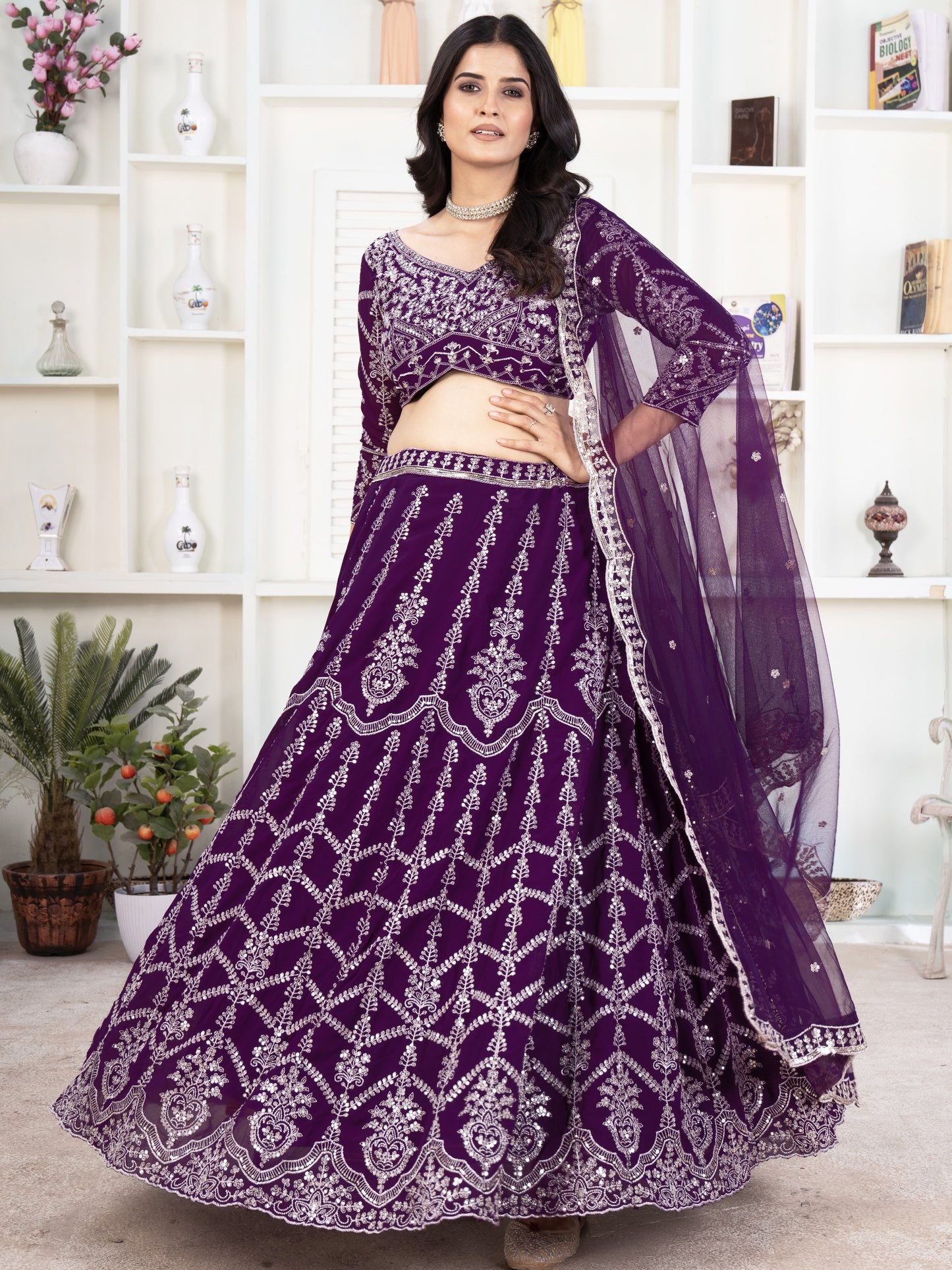 Spectacular Purple Heavy Embroidered Georgette Lehenga Choli