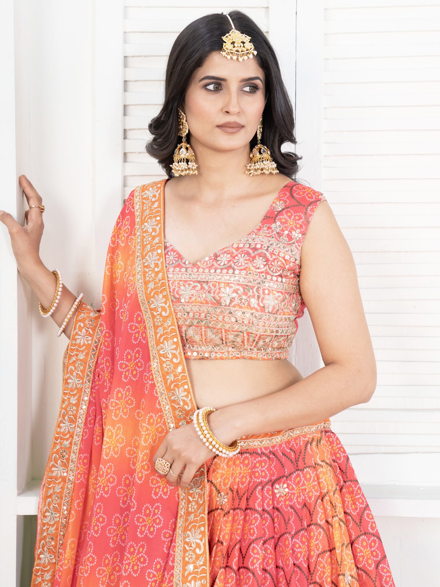 Glamorous Multi Color Bandhani Printed Chinon Silk Lehenga Choli