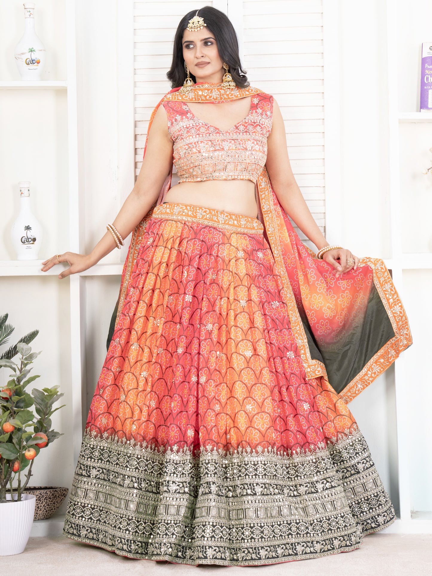 Glamorous Multi Color Bandhani Printed Chinon Silk Lehenga Choli