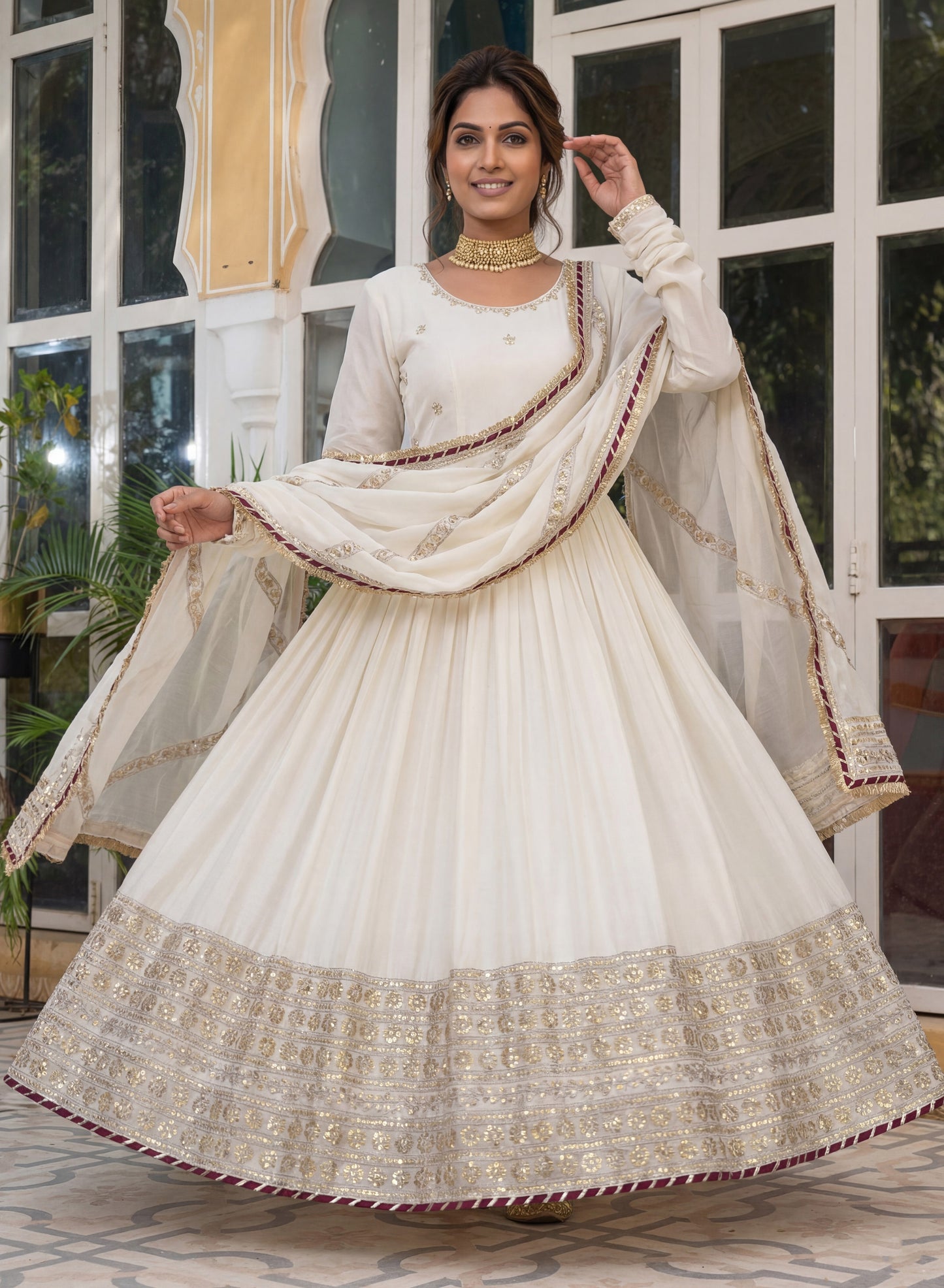 Wonderful Off-White Embroidered Chinon Silk Engagement Gown