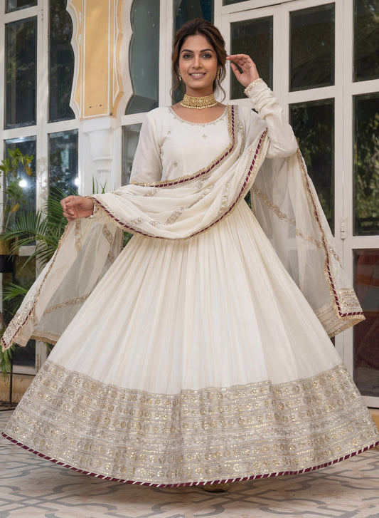 Wonderful Off-White Embroidered Chinon Silk Engagement Gown