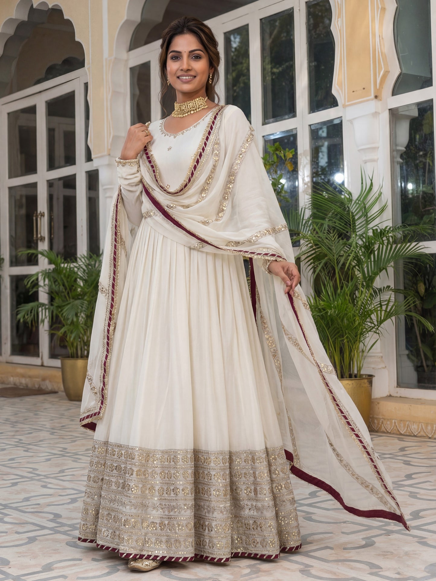 Wonderful Off-White Embroidered Chinon Silk Engagement Gown