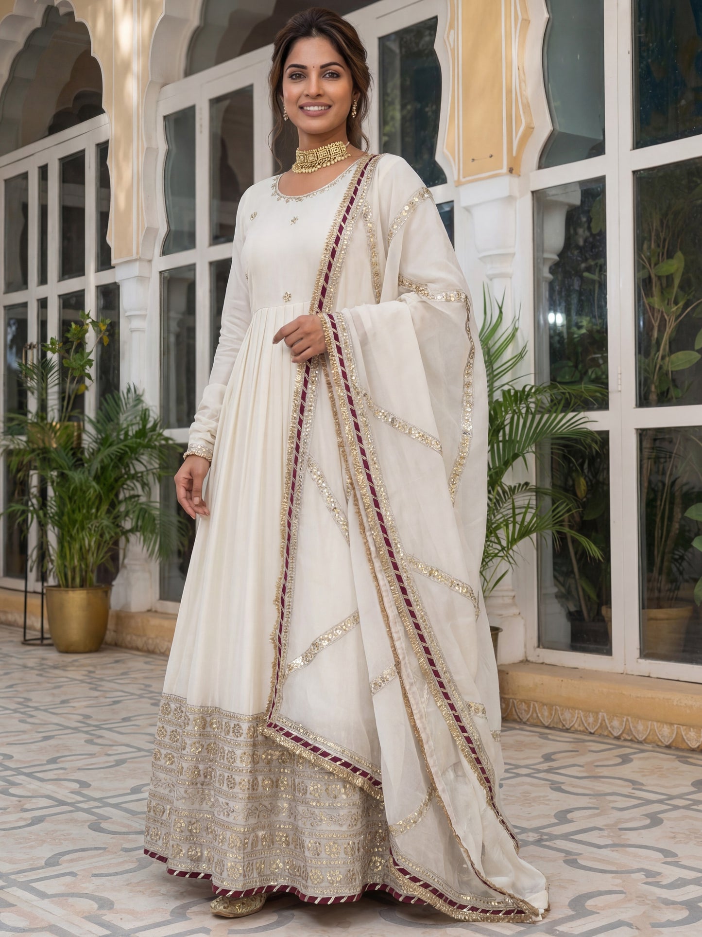 Wonderful Off-White Embroidered Chinon Silk Engagement Gown