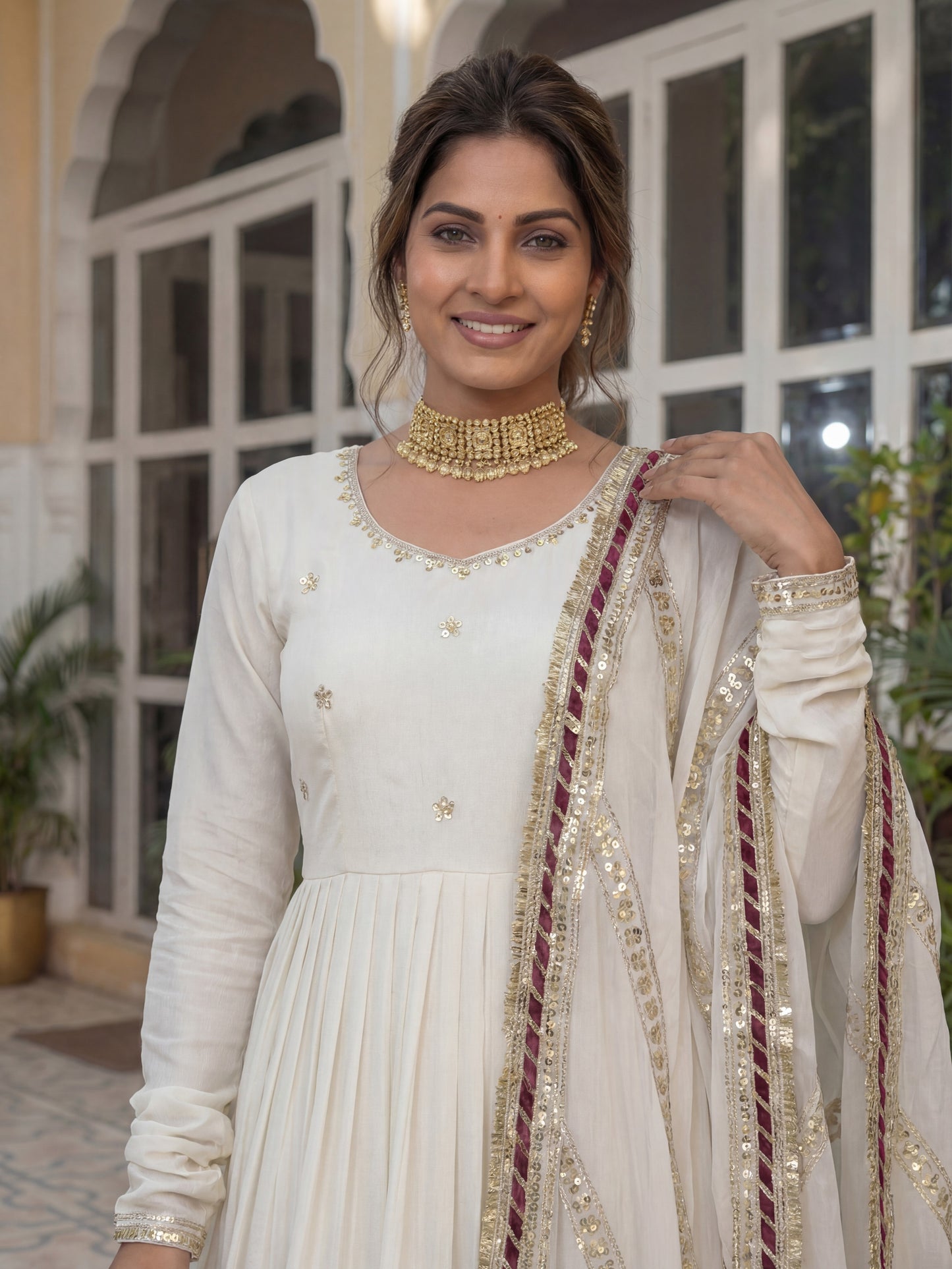 Wonderful Off-White Embroidered Chinon Silk Engagement Gown