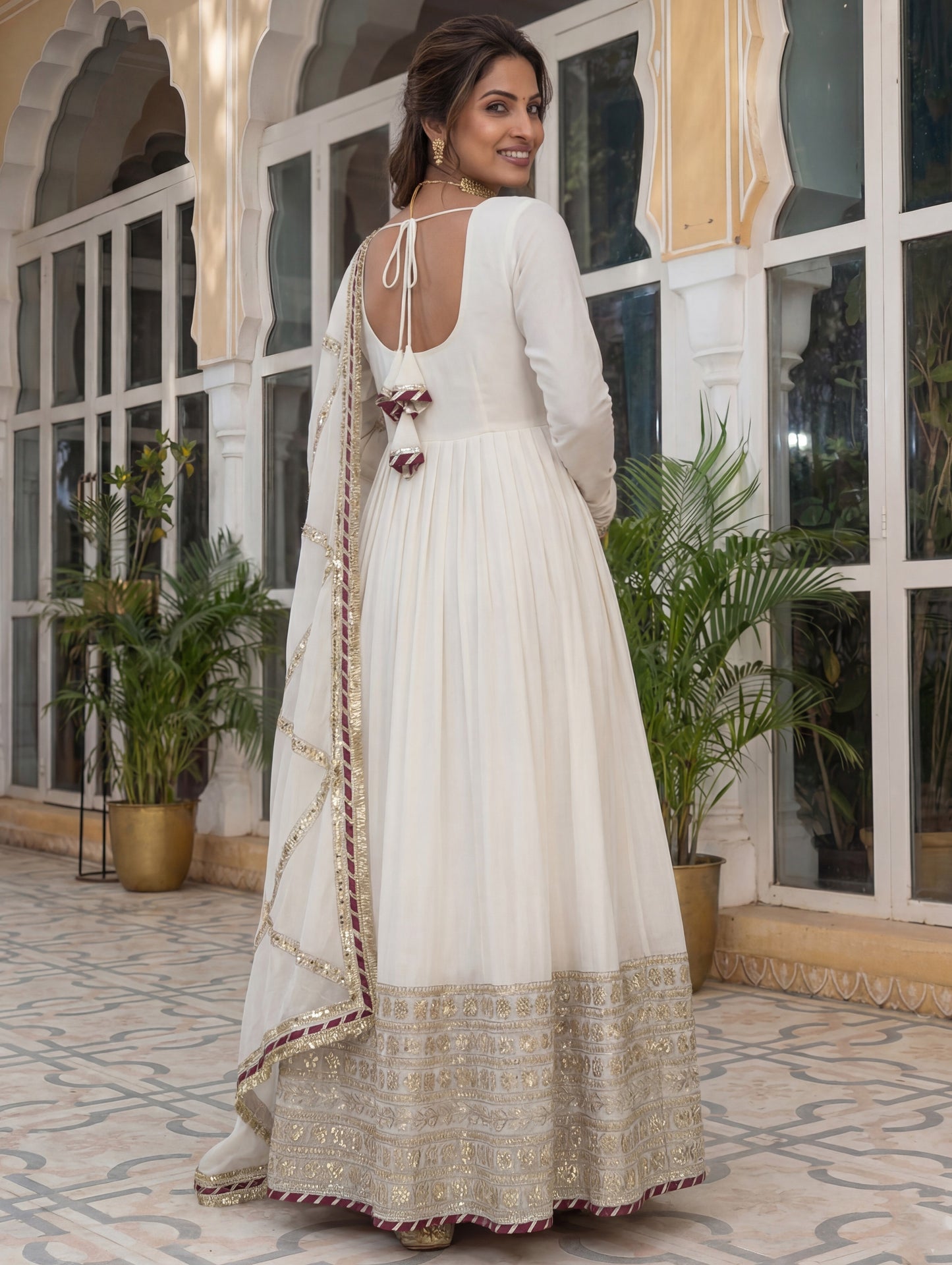 Wonderful Off-White Embroidered Chinon Silk Engagement Gown