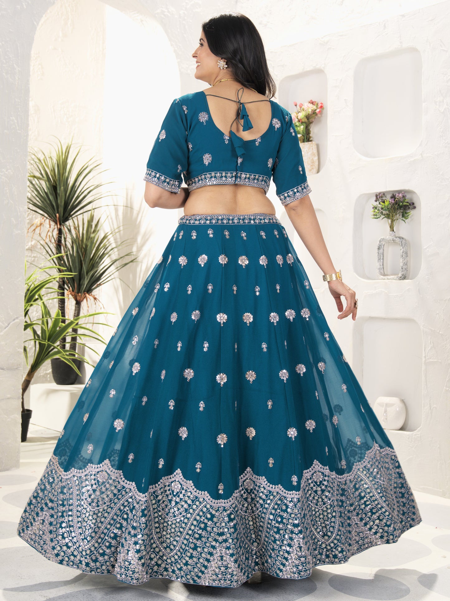 Lavishing Blue Embroidered Georgette Wedding Lehenga Choli