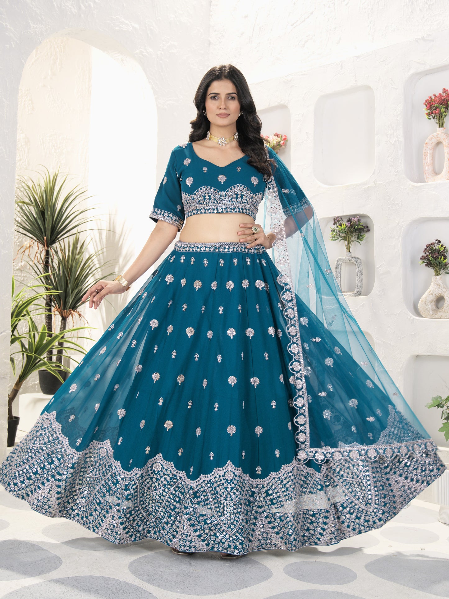 Lavishing Blue Embroidered Georgette Wedding Lehenga Choli