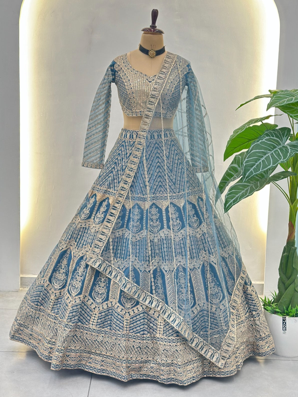 Wonderful Blue Embroidered Net Designer Lehenga Choli