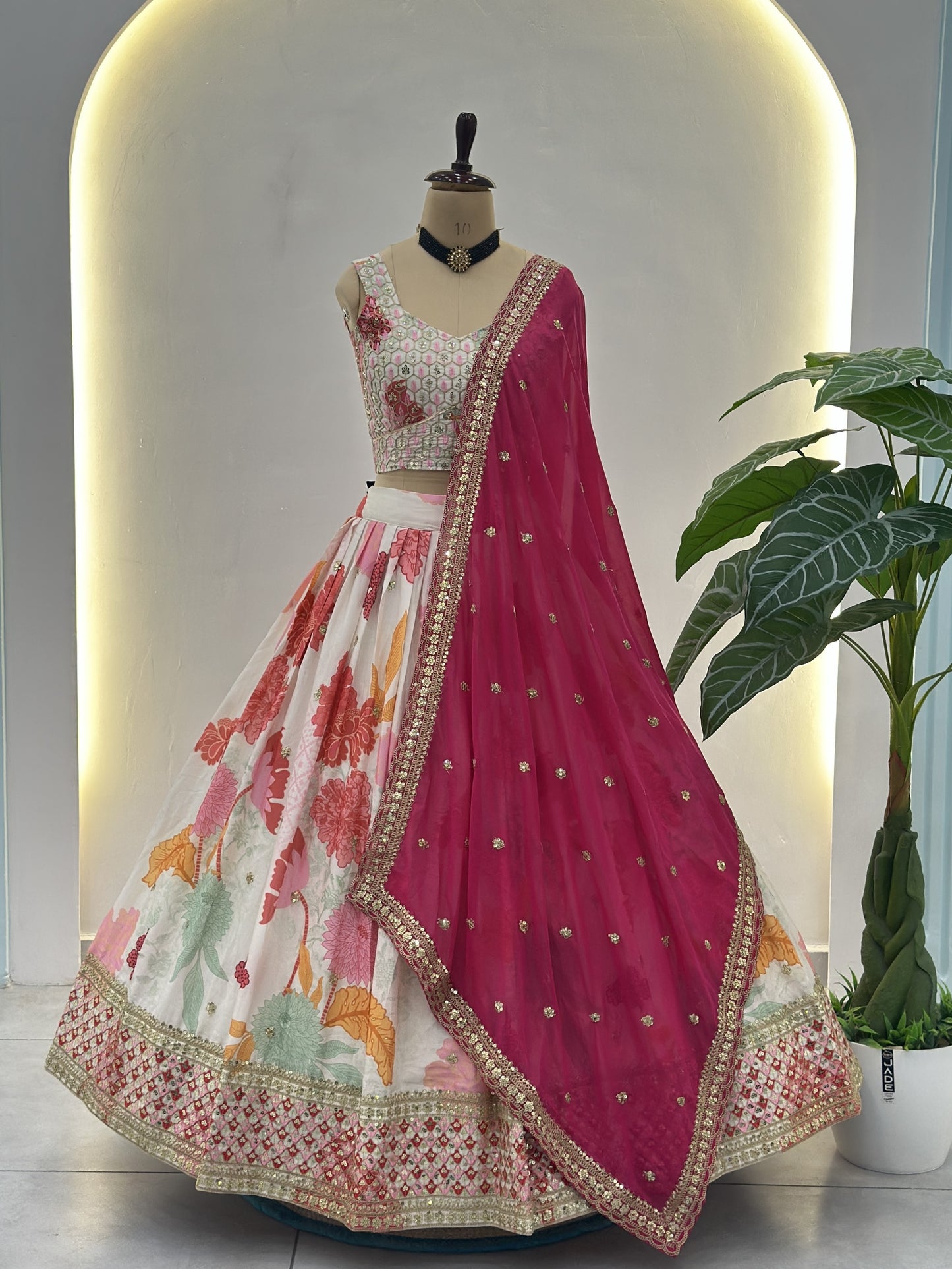Beautiful White Floral Printed Chinon Bridesmaid Lehenga Choli