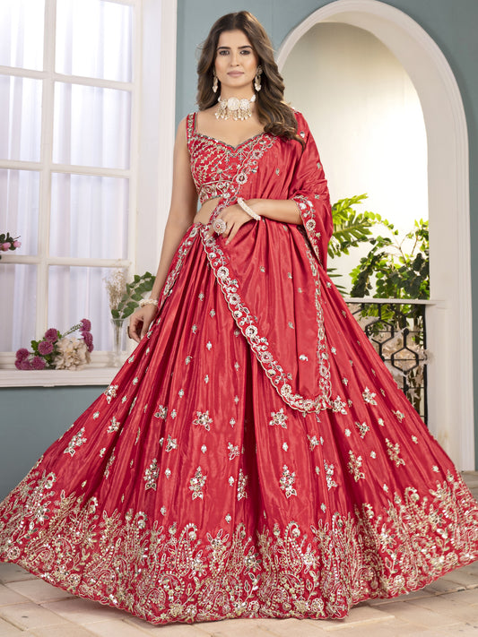Marvelous Red Embroidered Chinon Silk Bridal Lehenga Choli