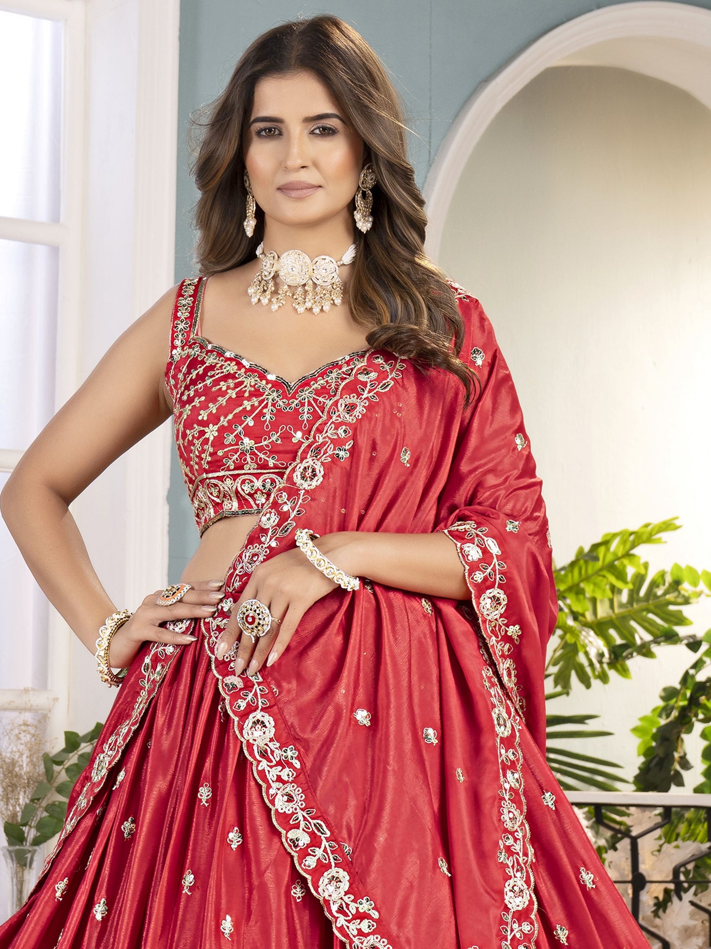 Marvelous Red Embroidered Chinon Silk Bridal Lehenga Choli