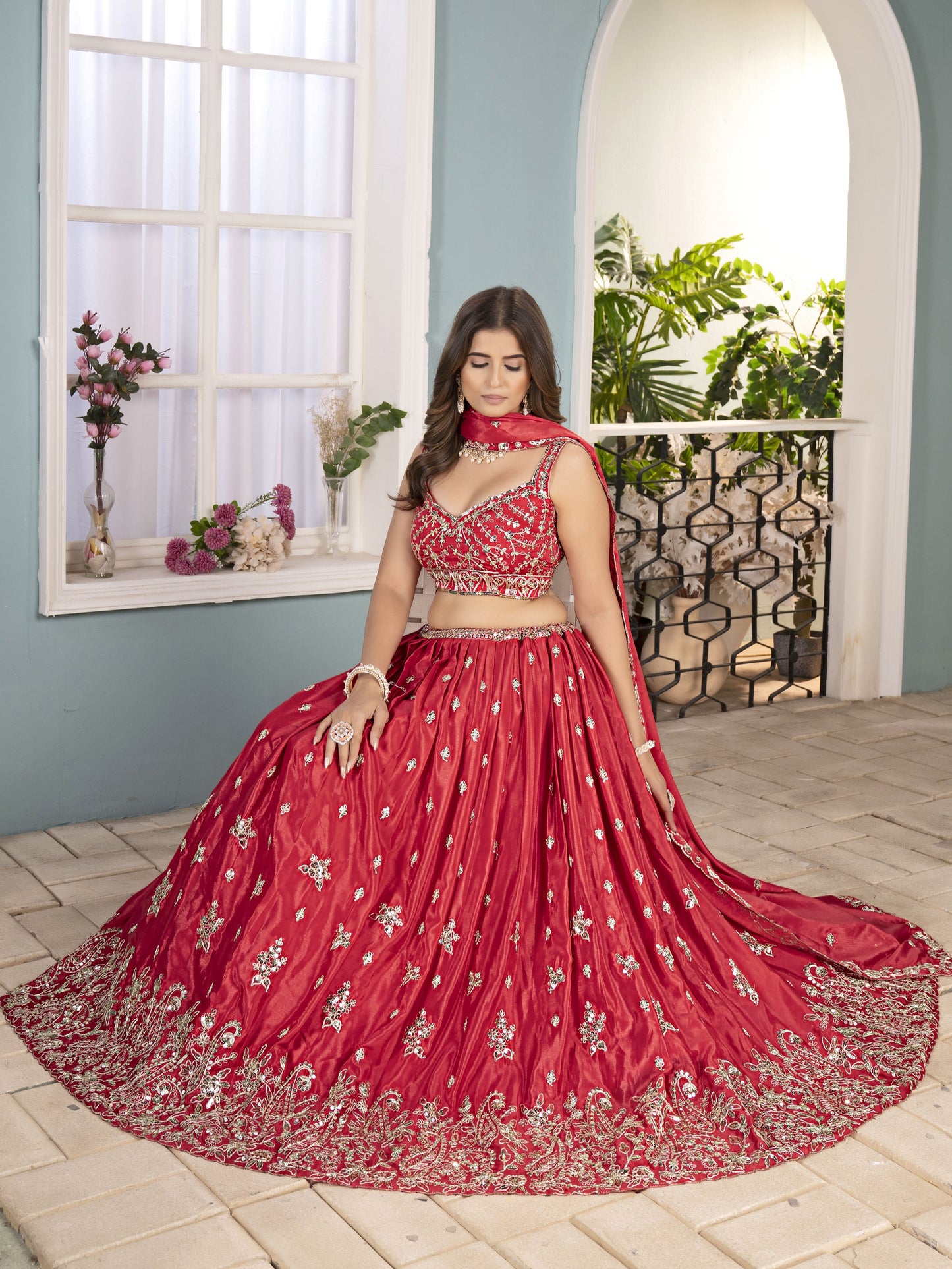 Marvelous Red Embroidered Chinon Silk Bridal Lehenga Choli