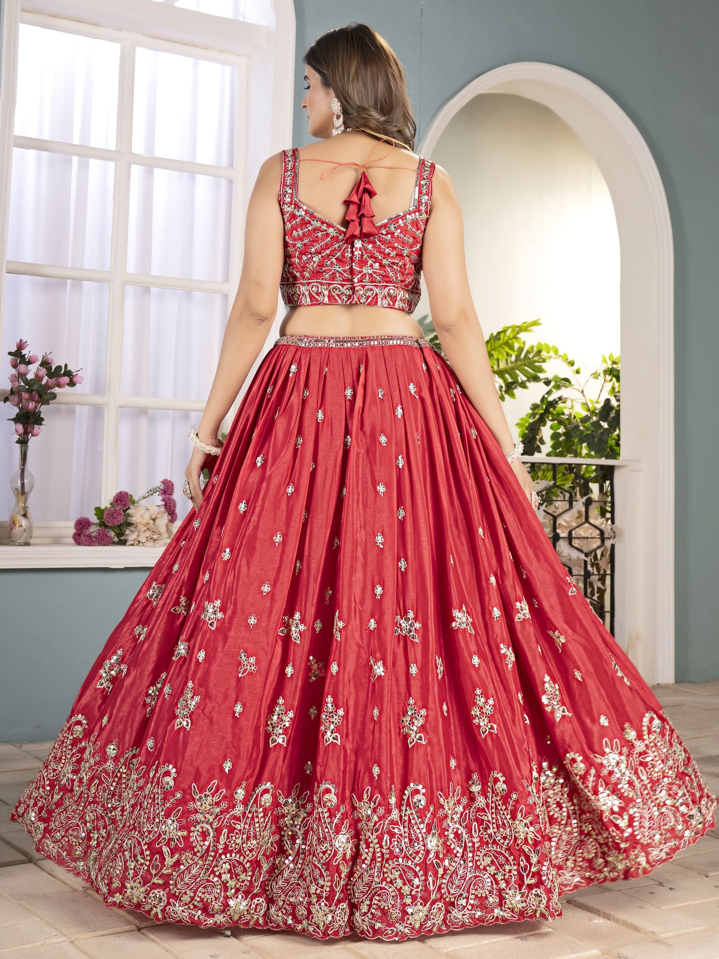 Marvelous Red Embroidered Chinon Silk Bridal Lehenga Choli