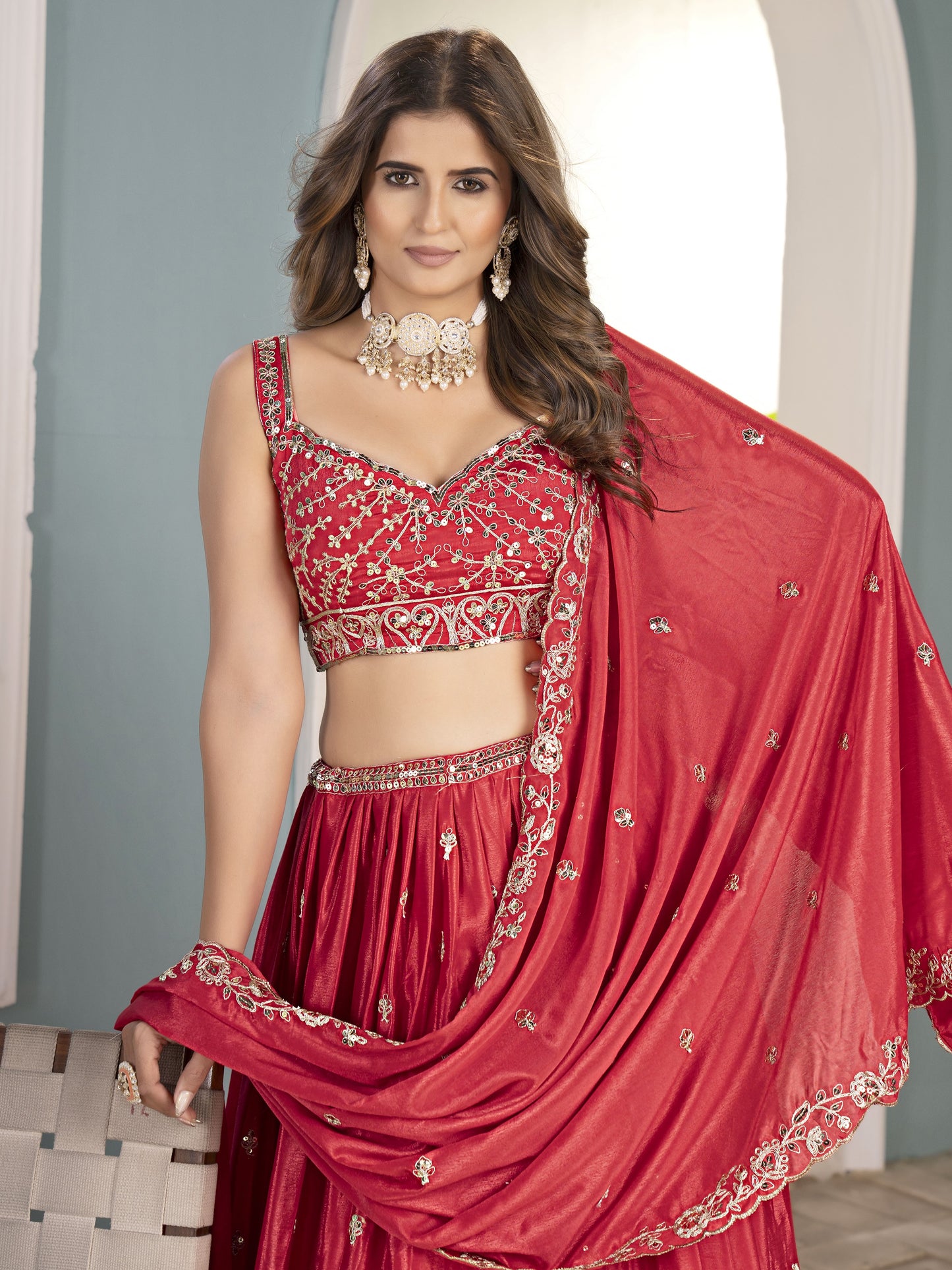 Marvelous Red Embroidered Chinon Silk Bridal Lehenga Choli