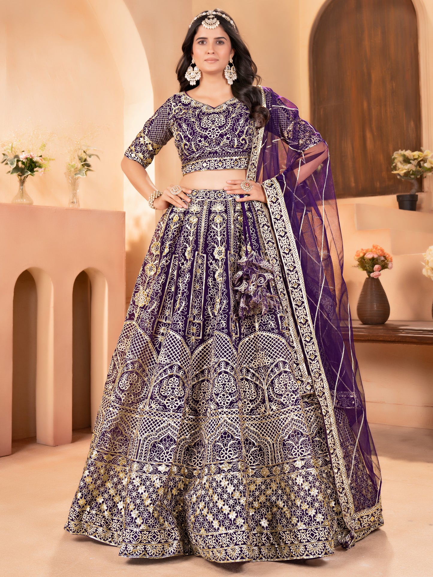 Awesome Purple Heavy Embroidered Wedding Lehenga Choli