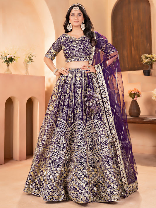 Awesome Purple Heavy Embroidered Wedding Lehenga Choli