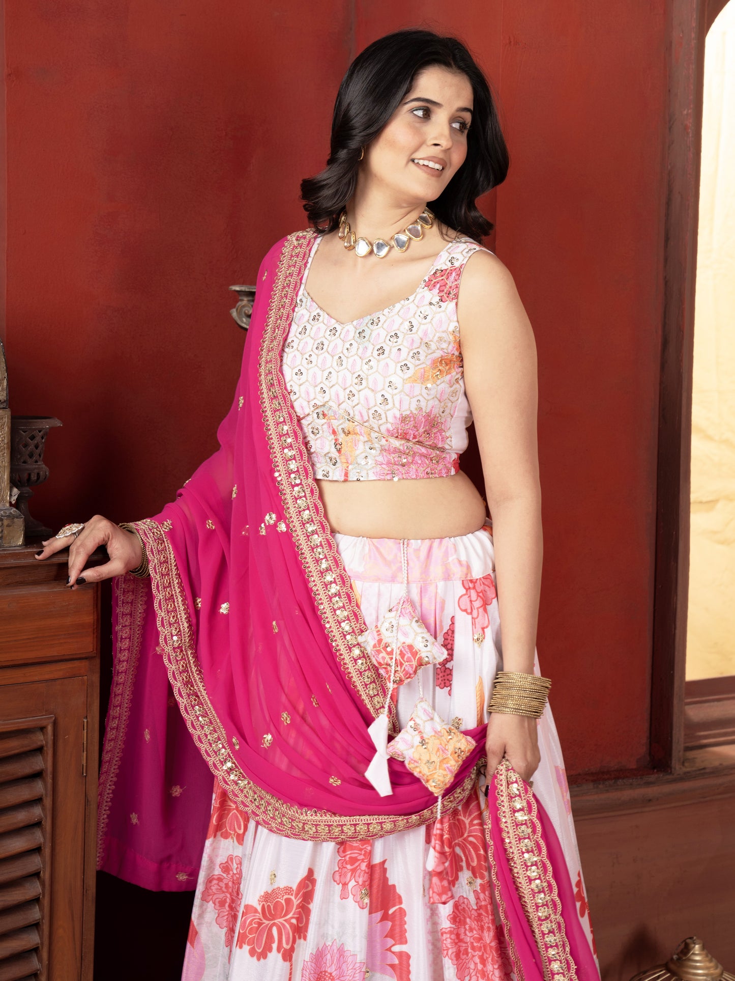 Beautiful White Floral Printed Chinon Bridesmaid Lehenga Choli