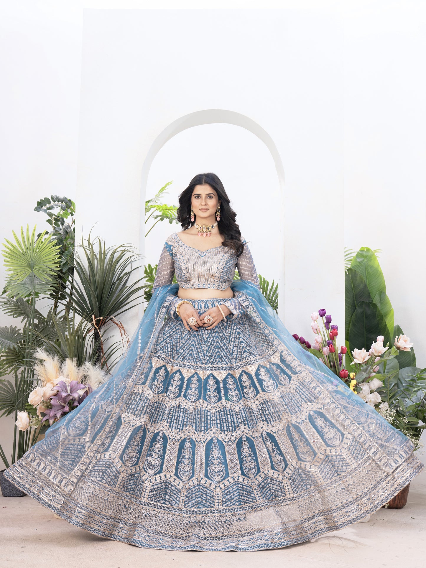 Wonderful Blue Embroidered Net Designer Lehenga Choli
