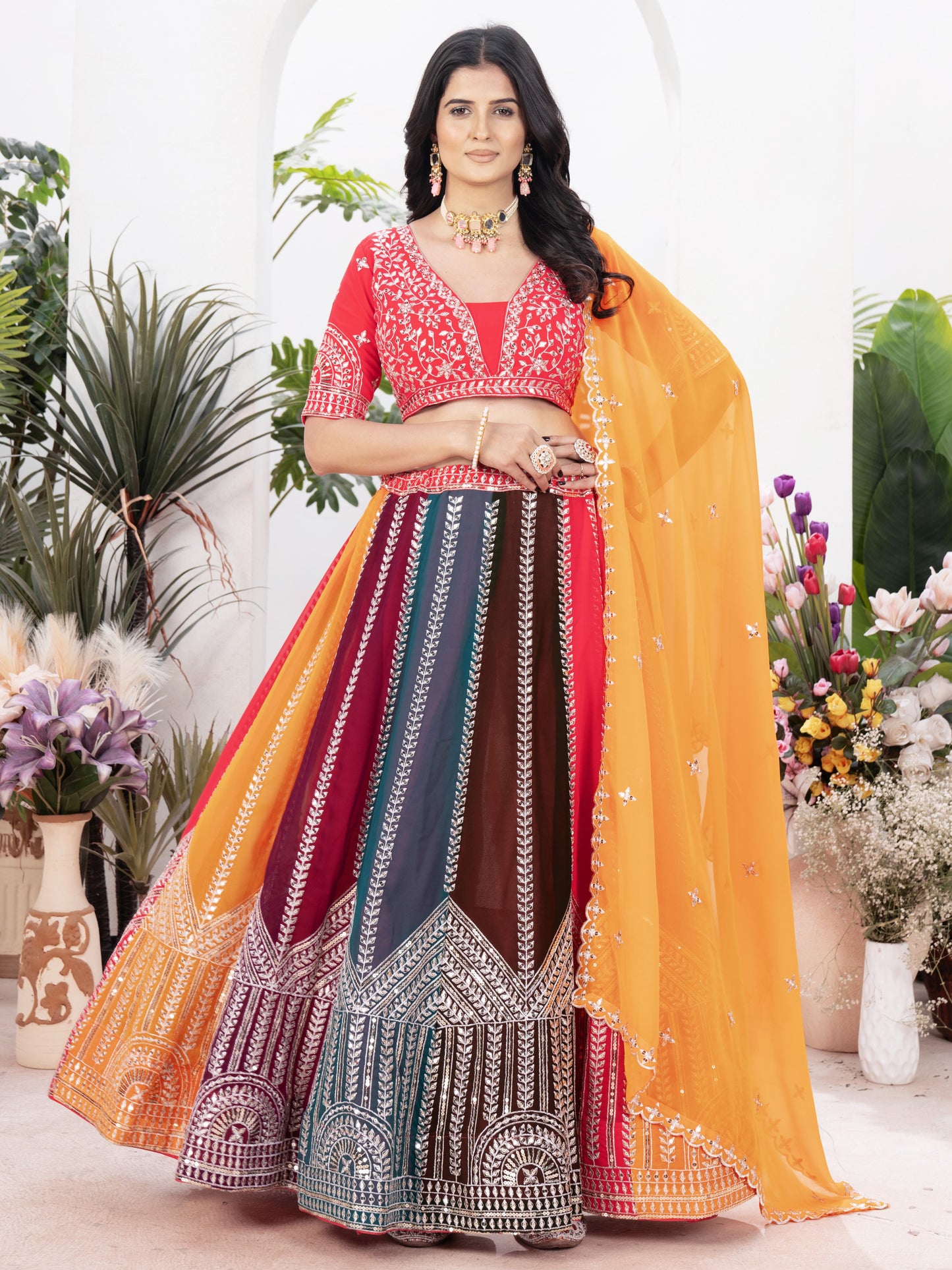 Attractive Multicolor Embroidered Georgette Lehenga Choli