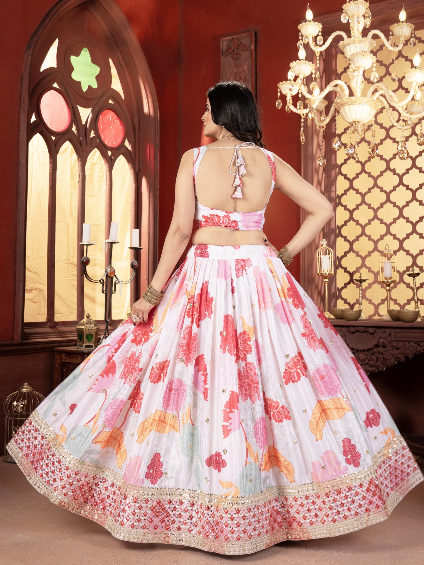 Beautiful White Floral Printed Chinon Bridesmaid Lehenga Choli